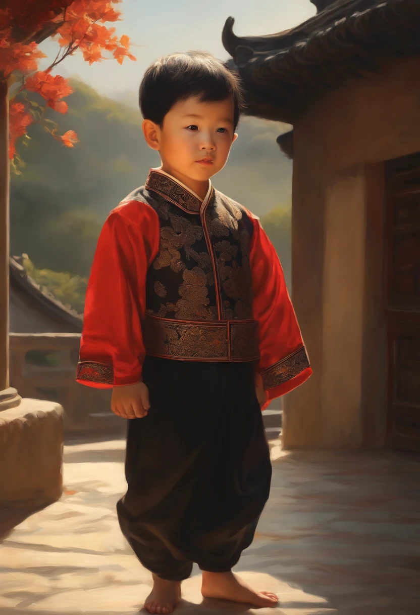 Masterpiece, high-quality, male, , black haired and black eyed man, one oil painting, Q version, sunshine, Chinese children's clothing, from the terrace