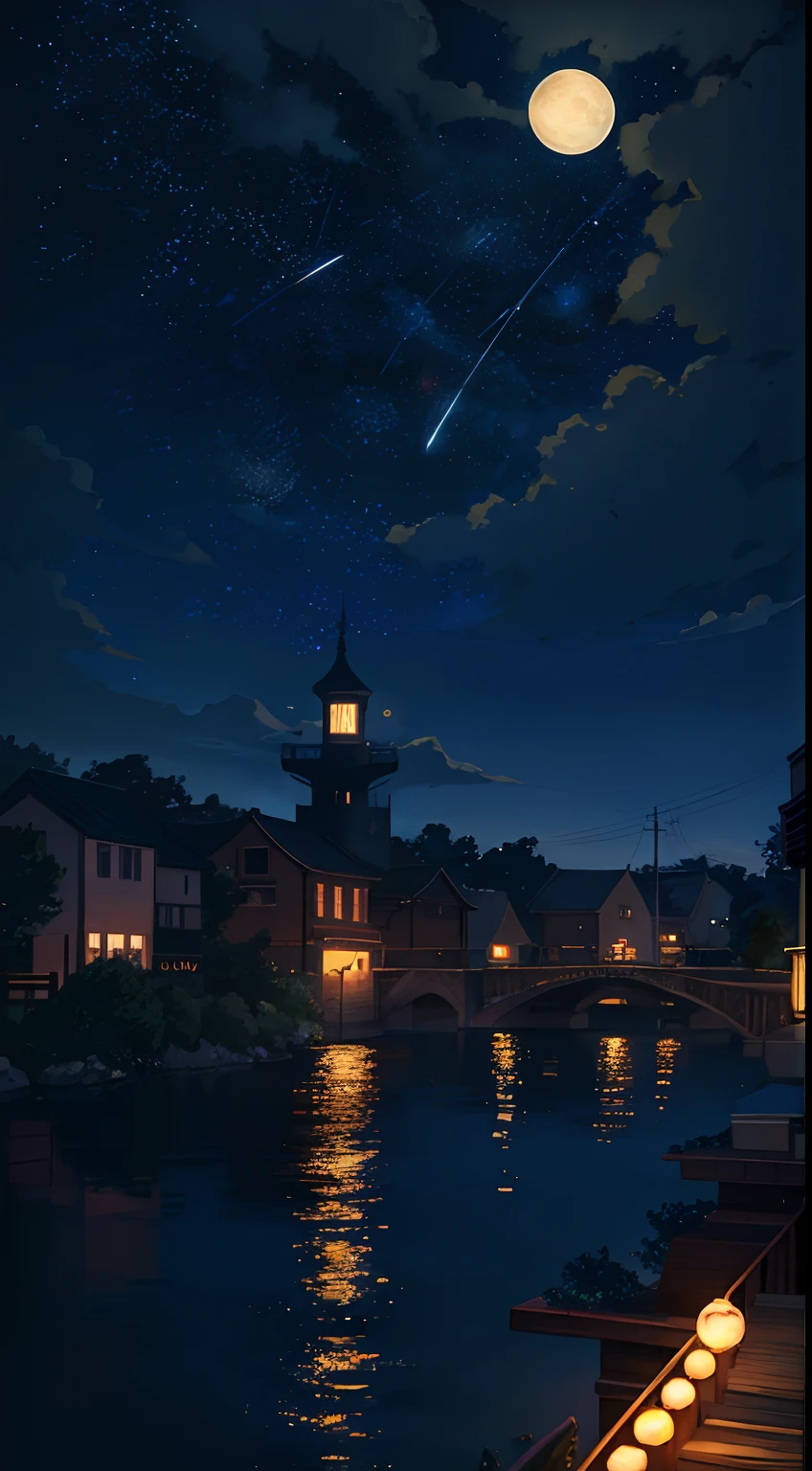 A painting of the river and the stars and the moon in the sky, with bright colors, by Makoto Shinkai. Concept art inspired by Tosa Mitsuoki, pixiv contest winner, best quality, fantasy art, beautiful anime scenes, golden moon. A bright moon, starry sky environment under the moonlight, dream painting, anime background art, fantasy landscape art, dreamy night, anime background, background artwork, dreamy art, atmospheric anime, starry sky, details enhanced.