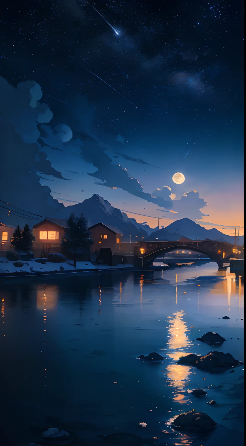 A painting of the river and the stars and the moon in the sky, with bright colors, by Makoto Shinkai. Concept art inspired by Tosa Mitsuoki, pixiv contest winner, best quality, fantasy art, beautiful anime scenes, golden moon. A bright moon, starry sky environment under the moonlight, dream painting, anime background art, fantasy landscape art, dreamy night, anime background, background artwork, dreamy art, atmospheric anime, starry sky, details enhanced.