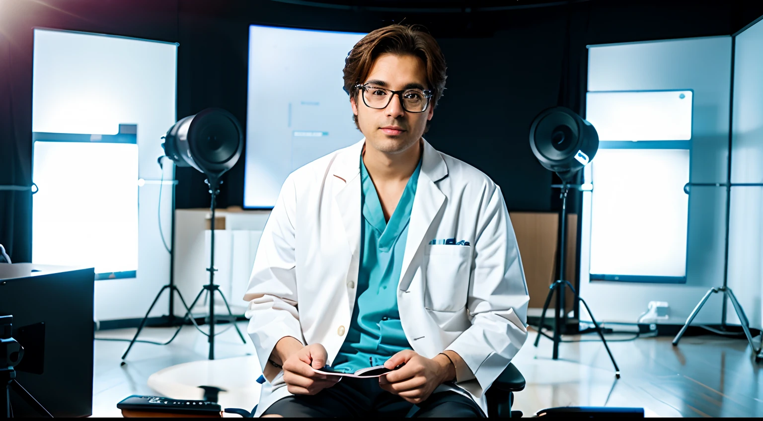 A male doctor type scientist sitting in a YouTube studio type room. Ultra realistic 16k dslr photography