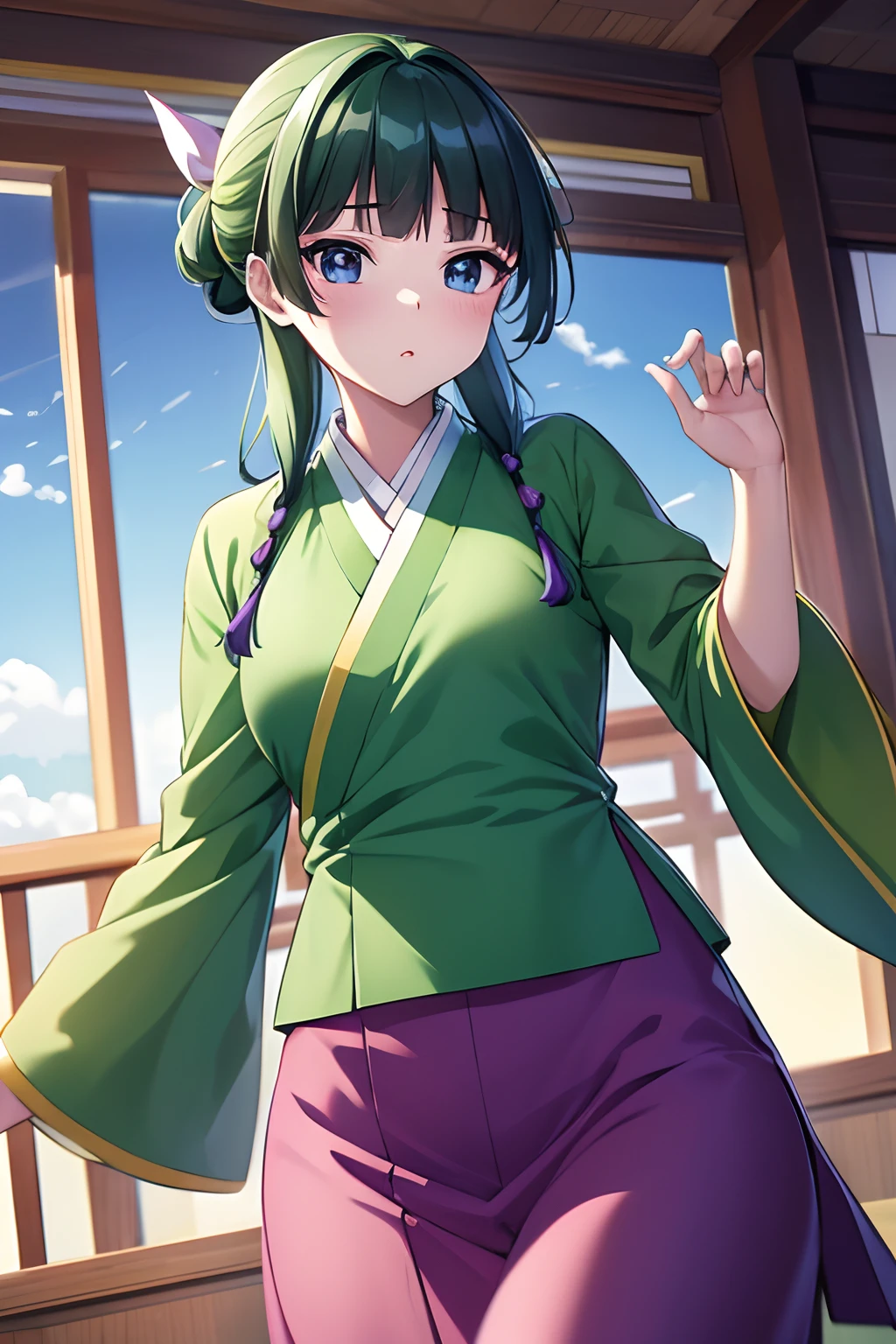 masuter piece, Best Quality, 超A high resolution, top-quality, Anime style, 1girll, Maomao, Chinese style kimono, Green outerwear, Purple long skirt, Blue eyes, Green hair