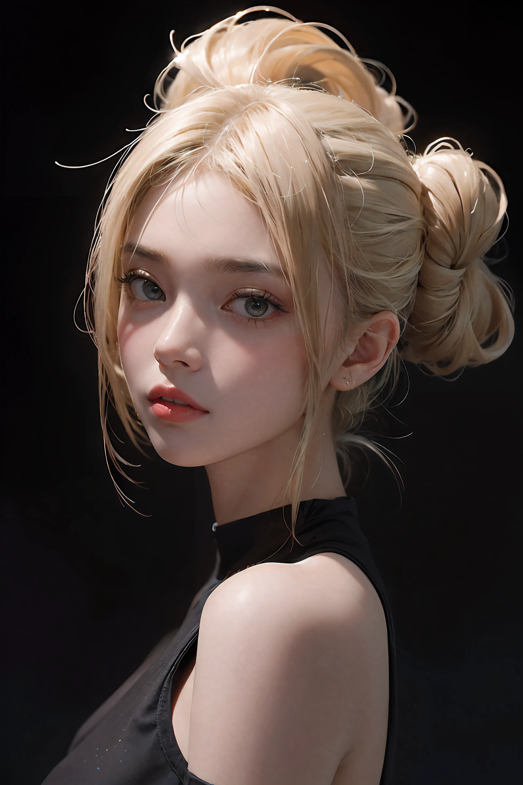a 20 yo woman, blonde, (High-Top Fed:1.3), dark theme, soothing tones, muted colors, high contrast, (natural skin texture, hyperrealism, Soft light, sharp)