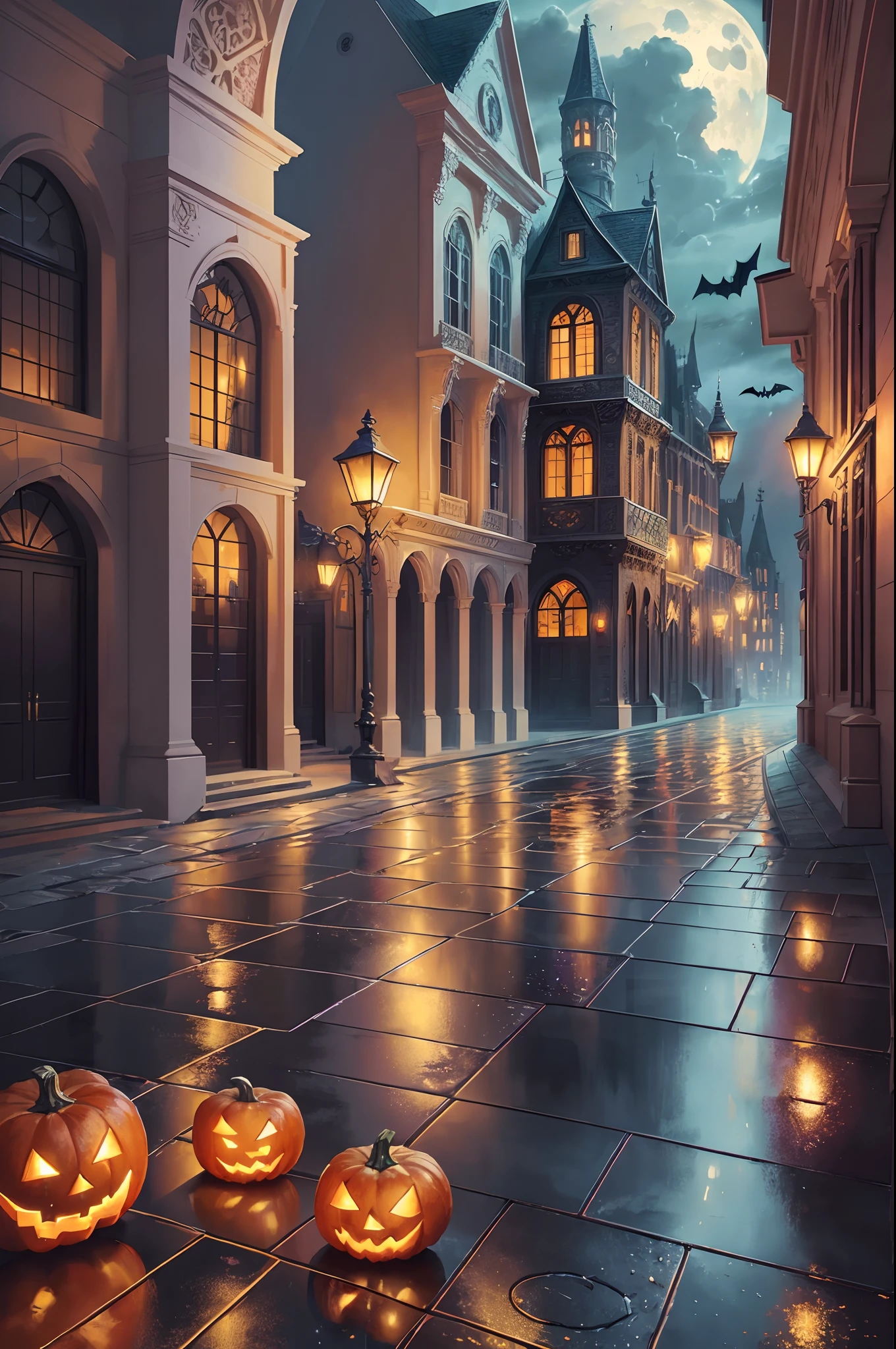 Halloween floating lights, cinematic light and reflections, Glowing lights, Intermediate metaverse elements，Digital painting, glowing reflections, Pondering, Halloween Jack Lantern, calm evening, Digital illustration, Beautiful atmosphere, Skylight at night, Peaceful evening atmosphere, Jack-o'-lantern, Halloween, the night, themoon, game scenes, Halloween, Surrounded by clouds, Architecture of medieval Europe, glazed tiles, European Union, Gorgeous colors, There are three arches in the foreground((Color ink)), ( (Splash ink ) ), ((Splash ink) Inky})), tmasterpiece, high qulity, Beautiful graphics, high detal,Magnificent --auto --s2