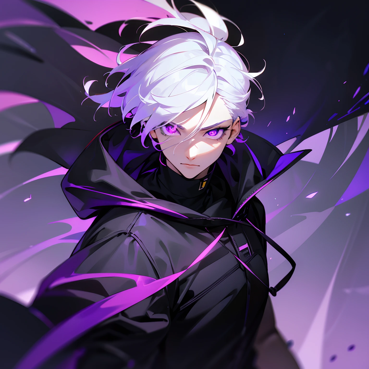 , 1male with white hair purple glowing radiant eye ,white long eyelashes, short hair, wearing black hoodie, background very high tech futuristic city black and purple theme, wind blowing hair,