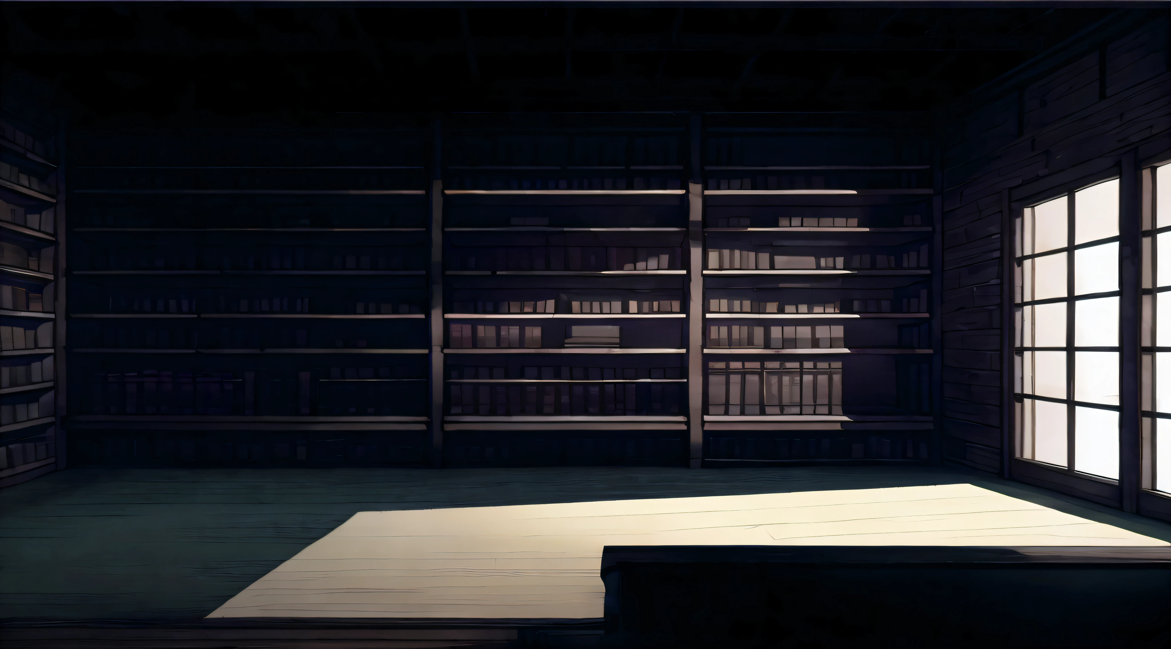 there is a room with a lot of books on the shelves, gloomy library, interior background art, dark library, library background, library interior background, [[empty warehouse]] background, alchemist library background, personal room background, anime background art, dusty library, in a gloomy library, background = library, dimly light room, an empty backroom at night
