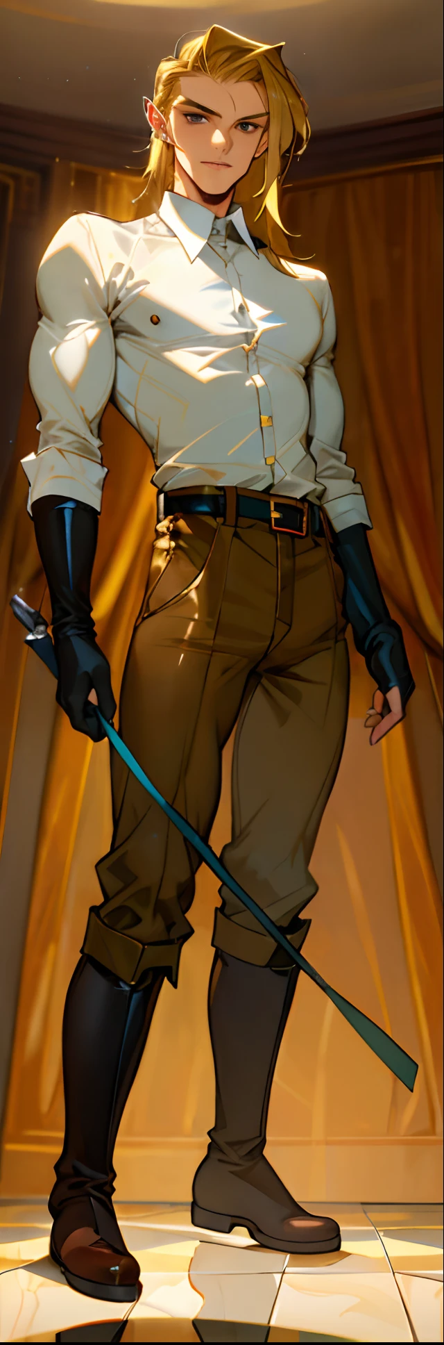 (highest resolution, distinct_image) best quality, a man, solo, masterpiece, highly detailed, semi realistic, blonde hair, long wild hair, (23 years old:1.4), mature, tall strong,paladin,(luxury hotel room background:1.2), cold, serious, tall, handsome, powerful, demi-god, exquisite facial features, (full body)(combat_boots:1.4)(dark pants:1.3),( gloves:1.5)(long sleeves),solo,(looking at viewer),(from below:1.1)(head turned upwards:0.3)(smiling:0.4)(holding riding crop:1.2)(muscular:1.2),(black belt), (shirt tucked in pants),(standing on ground), (marble floor)(mean:0.4)(seductive:0.5)(evil:0.9),detailed,(abs:0.9)(bdsm Equipment),(Link:1.3),Warrior,knight,(white button-up shirt)(masculine face)