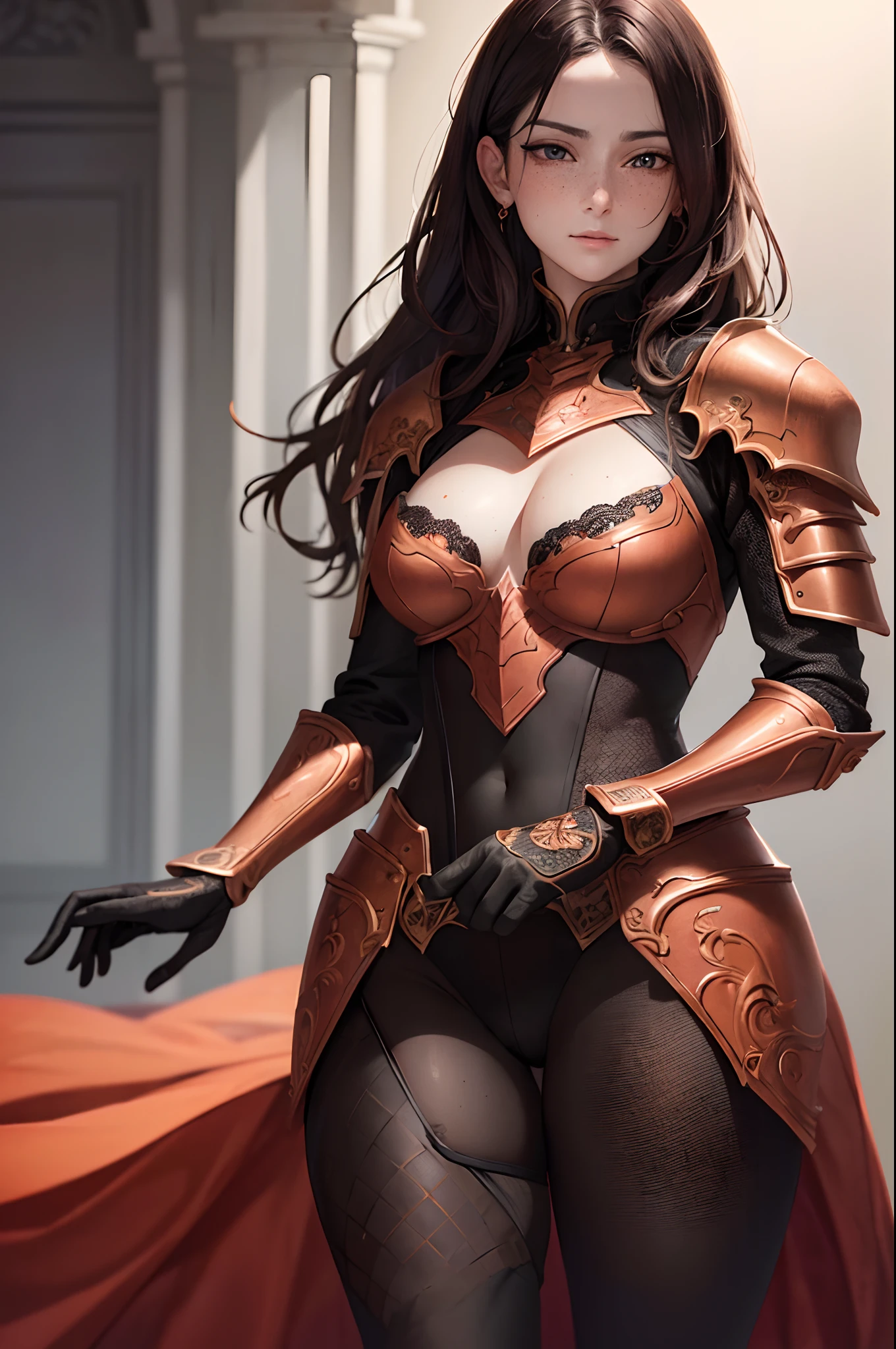masterpiece, (realistic), highres, highly detailed, intricate, beautiful woman, Orange Long, magenta eyes, freckles, detailed face, knight, Red and Black armor.