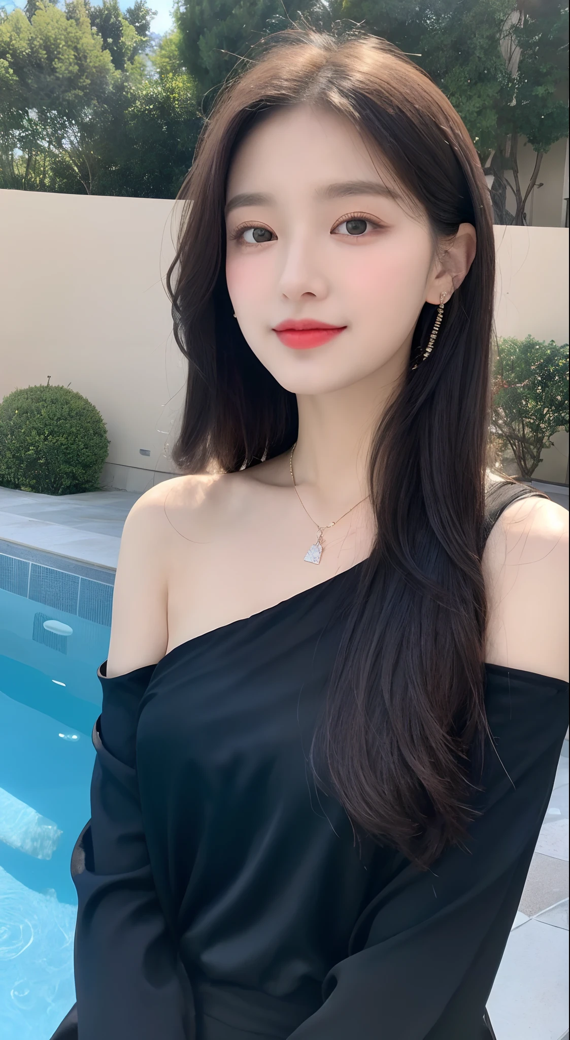 (best qualtiy, 8K, tmasterpiece:1.3)), A pretty maiden,Pure,Melon seed face,gentle and cute,A sweet smile,Pure desire,Thin stature,(frontage),(Tilt your head),staring right into camera,uniform, Obi, formal,Black silky long, Straight hair,Long hair flowing over the shoulders,round black big eyes,Clear big eyes,Hydrated red lips,Sweet,Beautiful necklace,Delicate stud earrings,Sit by the pool,with blue sky and white clouds,Blue skies,