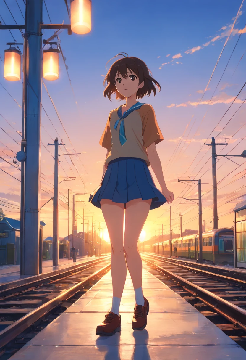 masterpiece、top-quality、Movie stills、1girl、female student、a miniskirt、railway、station、a closeup、发光、happiness、Warm soft lighting、the setting sun、(Spark:0.7)