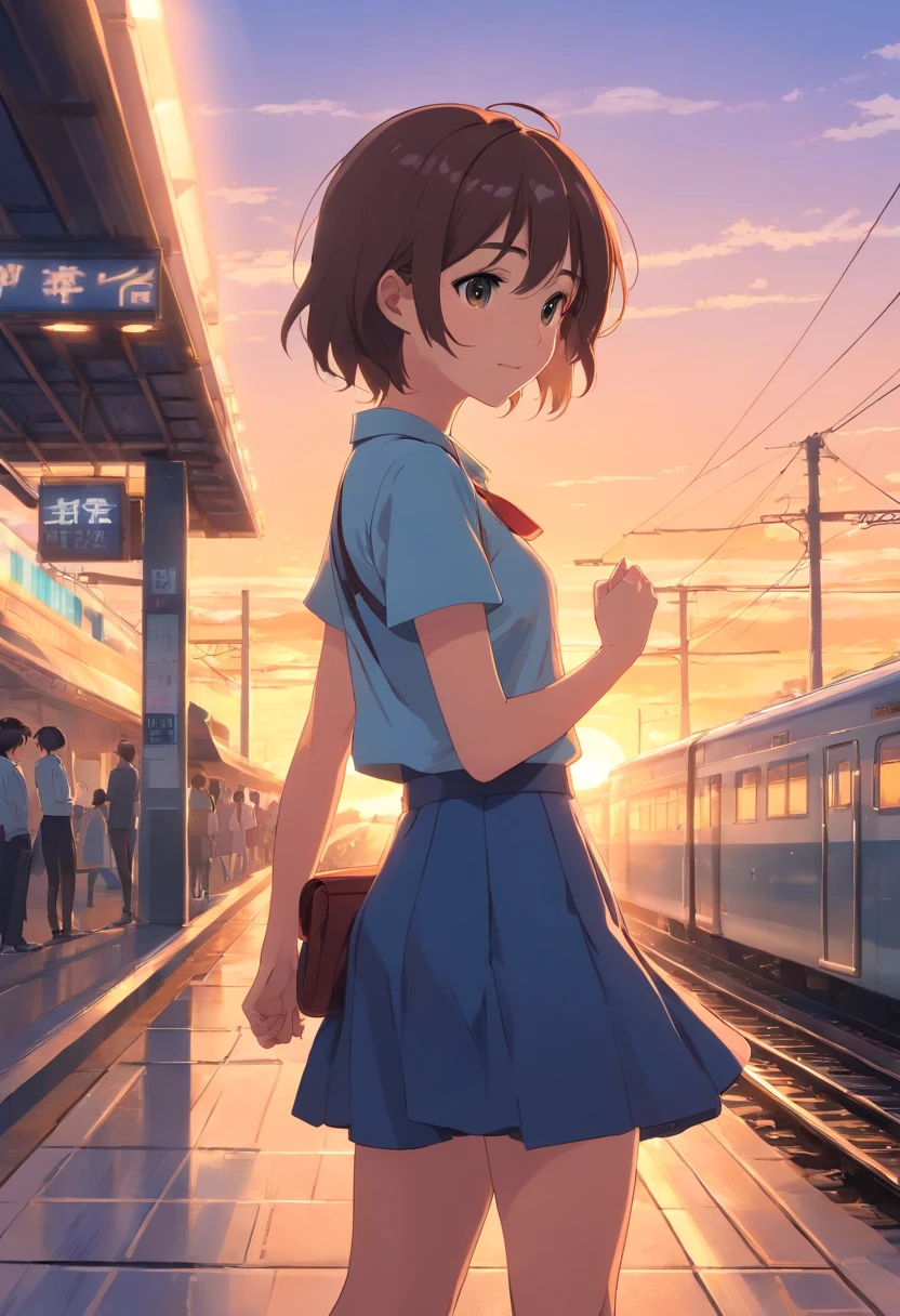 ​masterpiece、top-quality、Movie stills、1girl、female student、a miniskirt、railway、station、a closeup、发光、happiness、Warm soft lighting、the setting sun、(Spark:0.7)