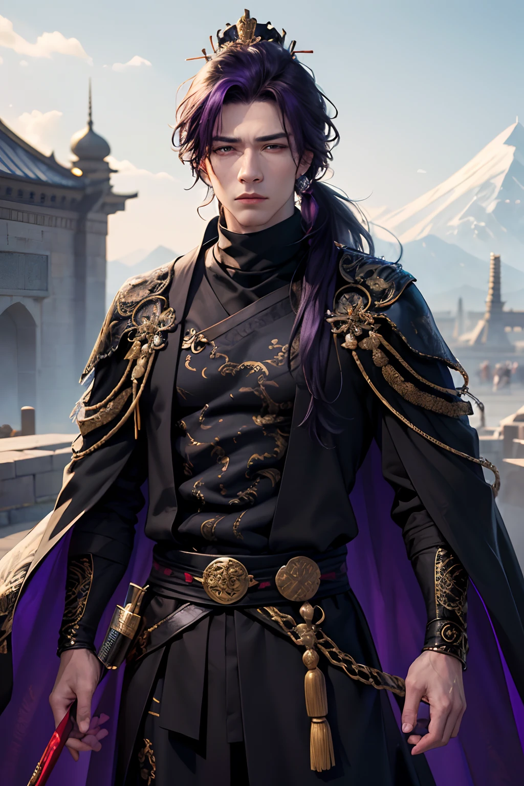lots of details, real-world scenarios, high-definition photography, perfect hands, perfect eyes, fierce expression 4k, masterpiece, ((1 man 21 year old)), handsome, demon, king, emperor, warrior, (wearing a chinese crown), black long hair, messy ponytail, mountain, large moon, (((wearing a royal black long robe with bright purple dragon embroidery))), black turtleneck shirt, black pants, (((male))), battleground