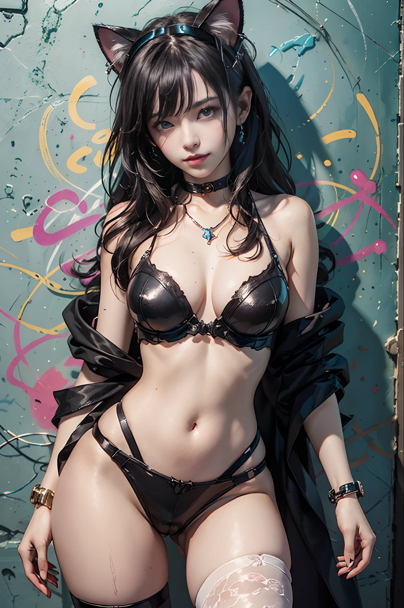 (A hyper-realistic)、(hyper realistic illustration)、(hight resolution)、(8K)、(Luminous)、(Best Illustration)、(beautifully detailed eyes)、(top-quality)、(glossy skin. Intricate detailed)、(masterpiece)、(wall-paper)、(A detailed face)、独奏、1 girl. looking at viewer. fine colors. Bold and vivid colors. deep-shadows、A slight smile. Cat ears. Choker. Black shawl straight hair、cute bangs, detailed revealing cat suit. (Standing against the wall with graffiti. Wlop. Pixiv. Full body portrait) partial breast