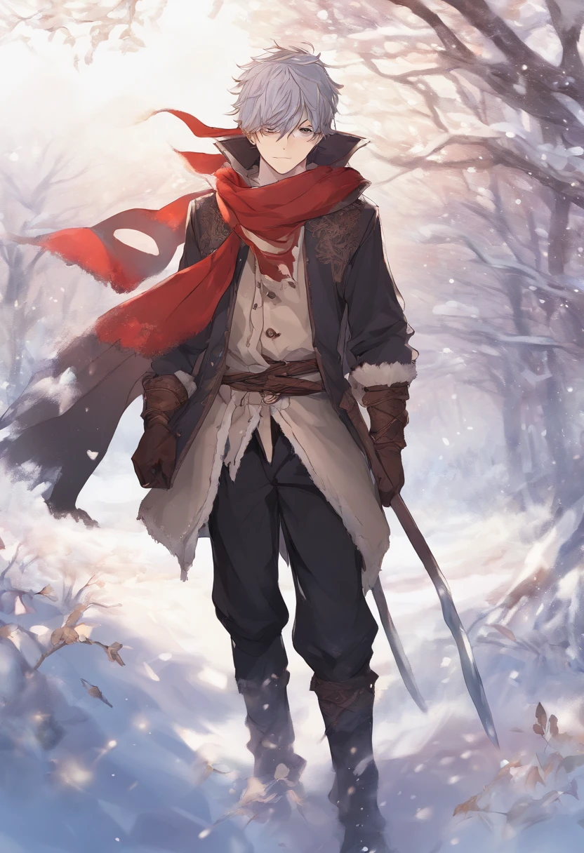 The handsome young man buried his face in a scarf,Stand on the snow,style of anime ,in a panoramic view,cabelos preto e longos