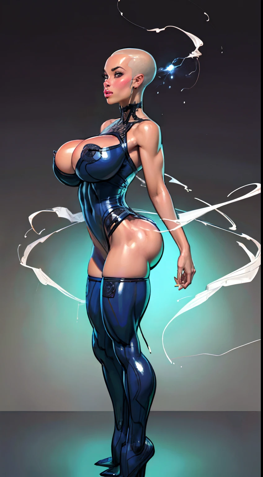 8k full body view 1woman, ((woman has no face, ((body made of glowing energy:1.4)) (no face:1.5), silver skin, (silver skin:1.5), (bald woman:1.4), (skinhead) ((stands confident)), ((side view)), highly detailed, ((large ass:1.2)), ((gigantic breasts:1.1)), majestic, (((electrical energy))),digital photography, art by artgerm and ruan jia and greg rutkowski, light chest hair, (masterpiece, sidelighting, intricate details