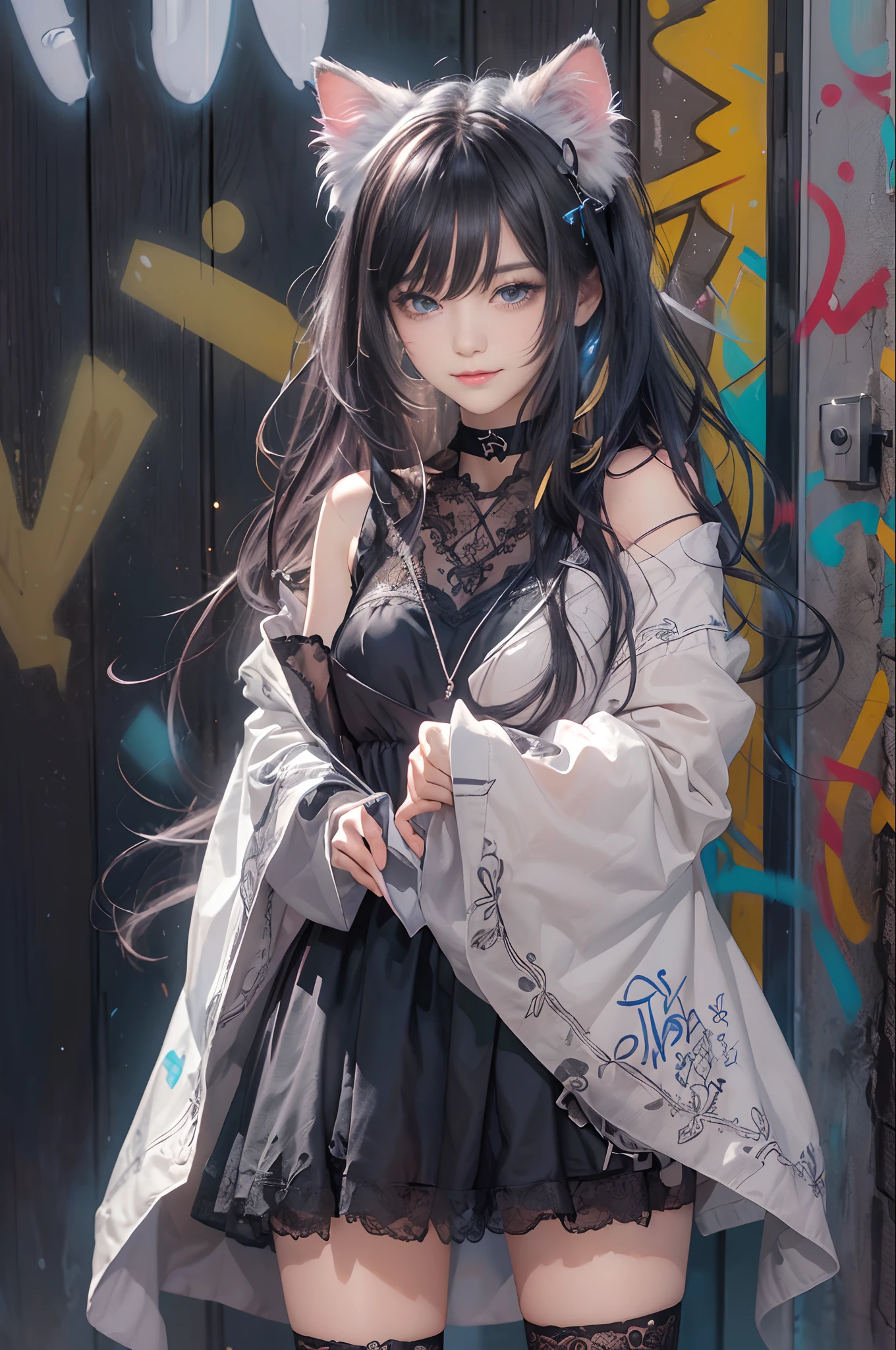 (A hyper-realistic)、(hyper realistic illustration)、(hight resolution)、(8K)、(Luminous)、(Best Illustration)、(beautifully detailed eyes)、(top-quality)、(glossy skin. Intricate detailed)、(masterpiece)、(wall-paper)、(A detailed face)、独奏、1 girl. looking at viewer. fine colors. Bold and vivid colors. deep-shadows、A slight smile. Cat ears. Choker. Black shawl straight hair、cute bangs, detailed revealing silk dress. (Standing against the wall with graffiti. Wlop. Pixiv. Full body portrait) partial breast