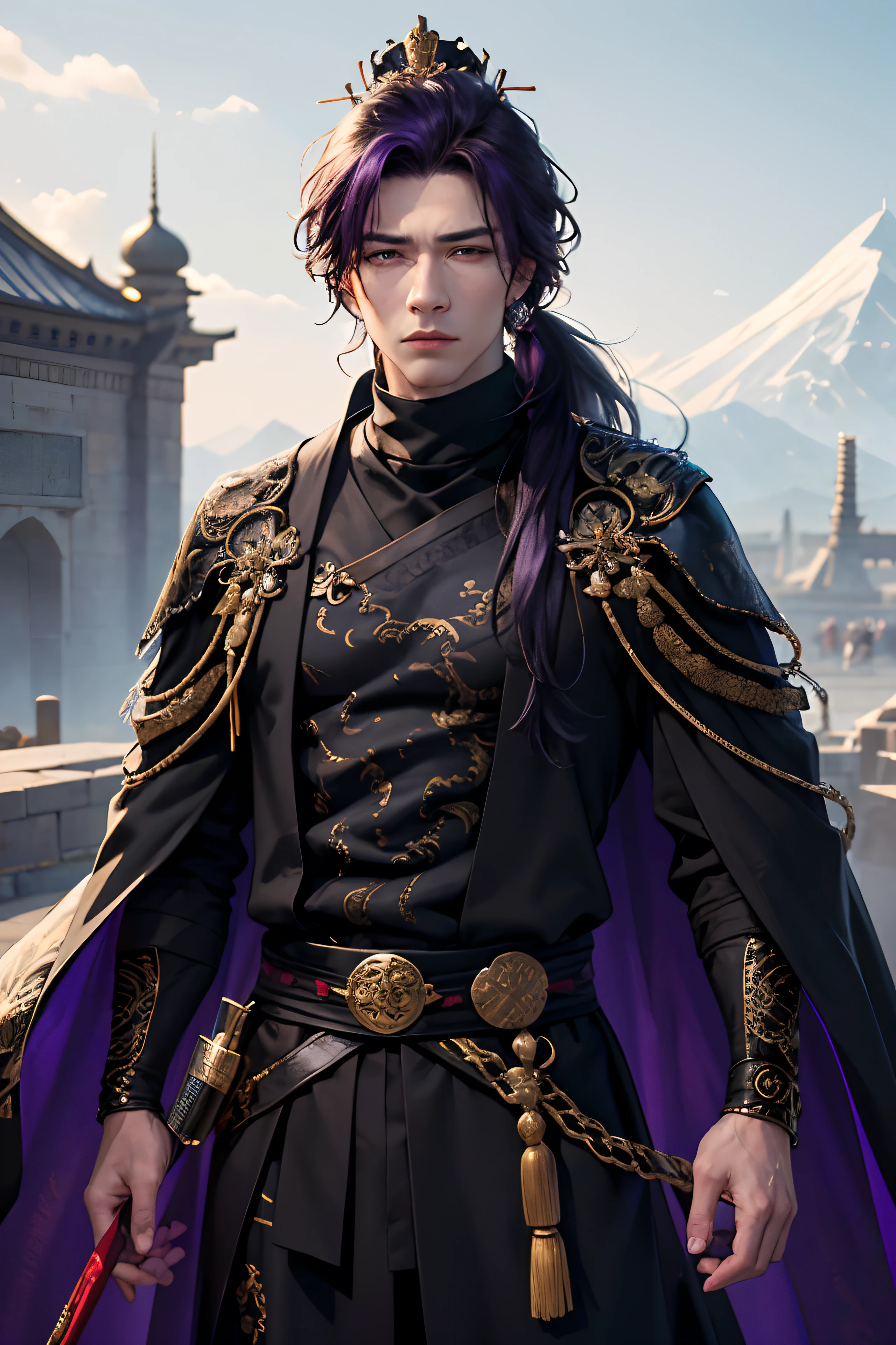 lots of details, real-world scenarios, high-definition photography, perfect hands, perfect eyes, fierce expression 4k, masterpiece, ((1 man 21 year old)), handsome, demon, king, emperor, warrior, (wearing a chinese crown), black long hair, messy ponytail, mountain, large moon, (((wearing a royal black long robe with bright purple dragon embroidery))), black turtleneck shirt, black pants, (((male))), battleground