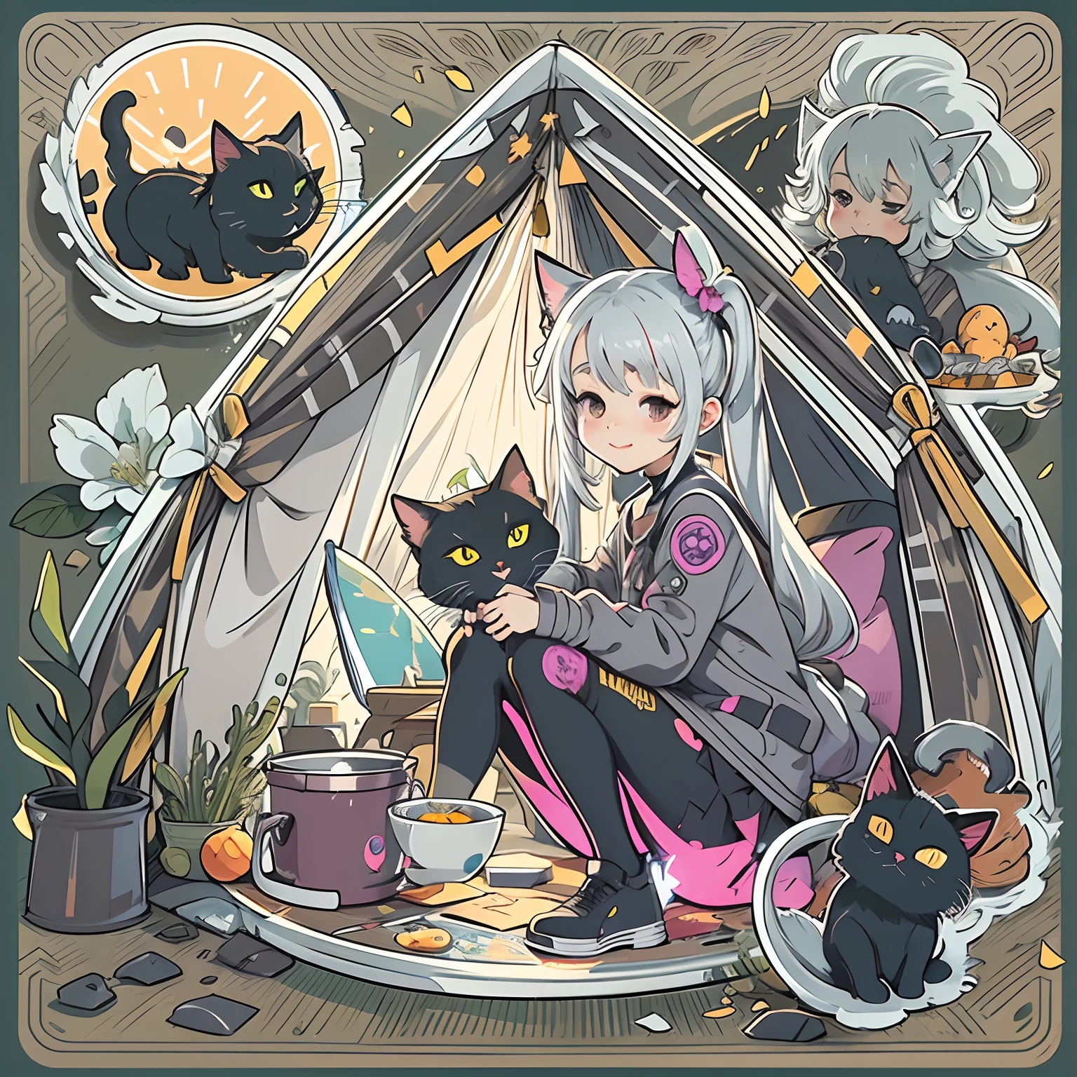 a sticker, pretty anime girl, （Silvery-white hair with long twin tails）,Reddish-purple eyes，Happy smile，campsite，teepee，There is only one black cat，In a circle, White background, Gold-rimmed，It features a simple, ultra-detailliert, Detailed drawing, vectorized, silhuette, 8K, professional sticker design, Flat design, Vector lines, a sticker, Drawing, Drawing, Full-HD，Neon Tube Frame，Fluorescent Tubes，Transparency，Cute clothes，plein air，sea side