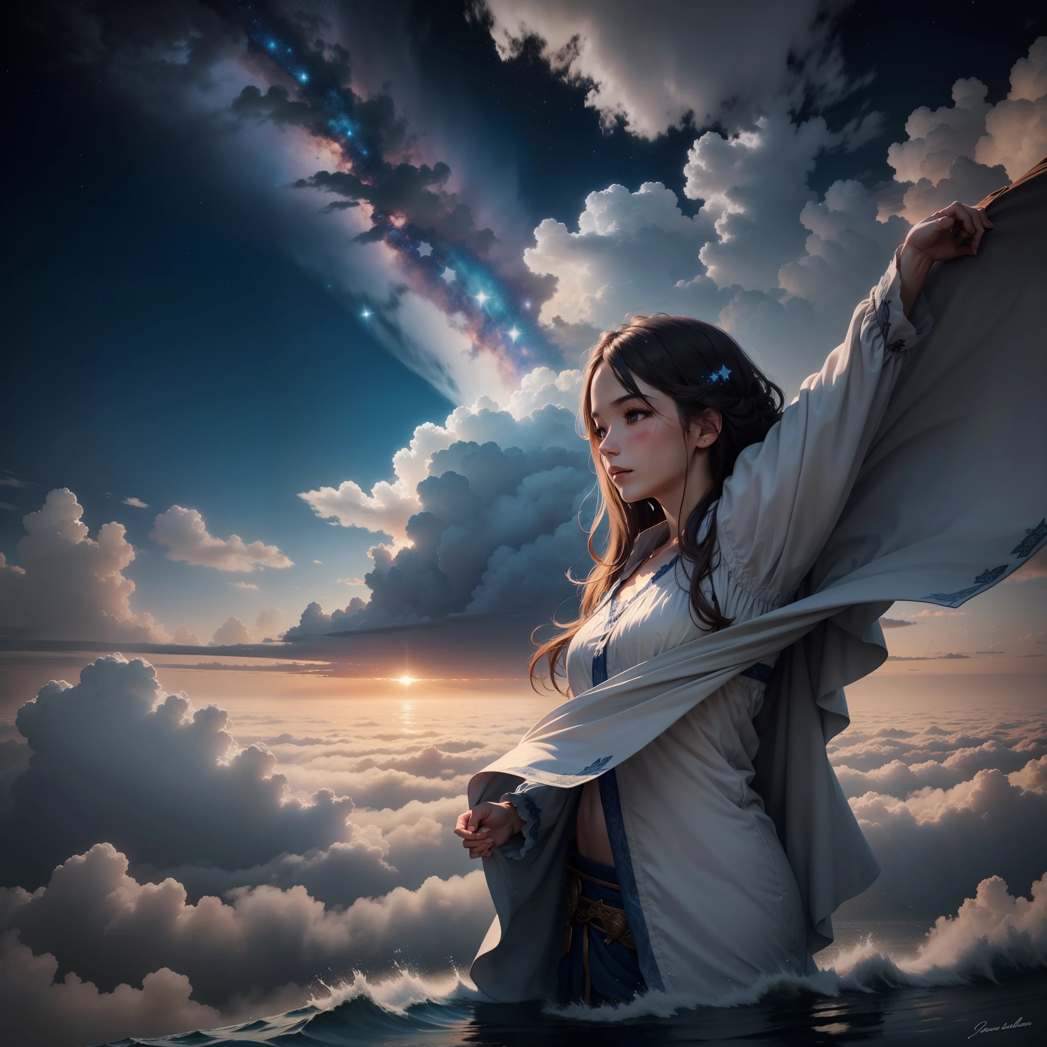 The sky is connected with clouds and mist, and the river of stars wants to turn a thousand sails dance