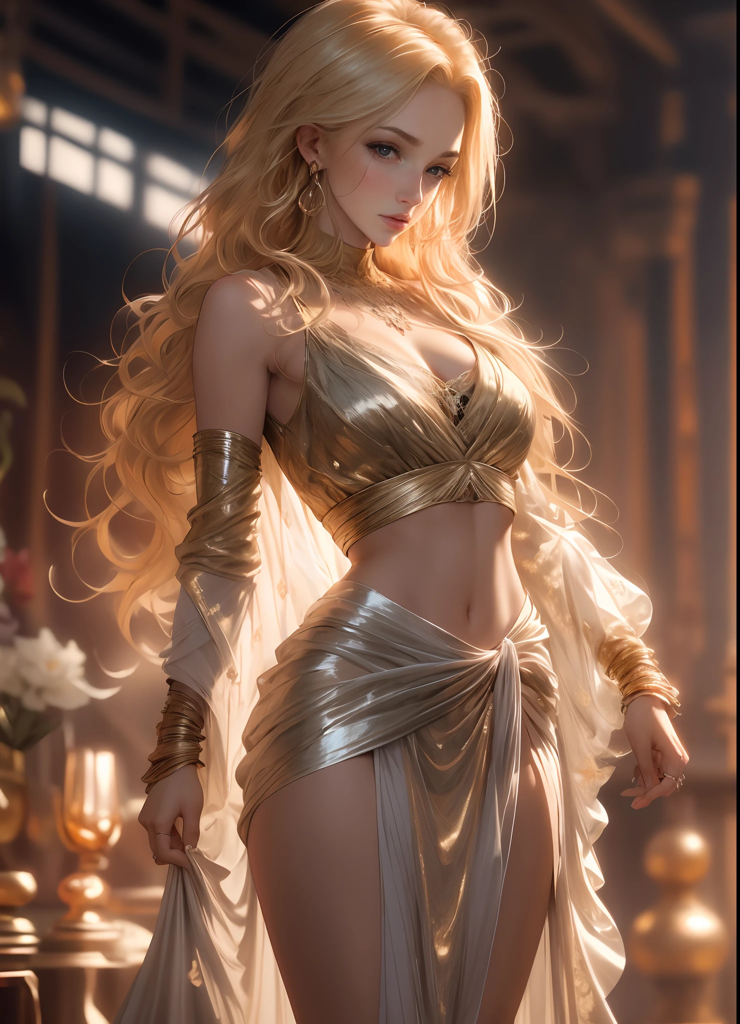 masterpiece, top quality, 8K, real person, realistic, very dense CG, shiny skin, fully focused, radiant, beautiful British blonde girl, wearing a loose top, stylish design, mesmerizing look,bold and majestic look, Background England, beautiful and elegant lady