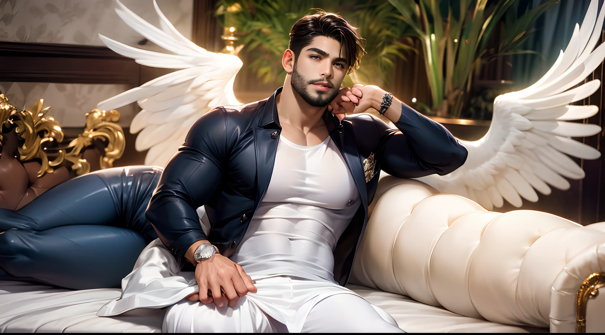 1 man, alone, young handsome man, Latin mulatto skin, attractive features, tan tone skin, dark blue eyes, friendly expression, huge white wings coming out of his back, 2 angel wings, physical fitness, man's long haircut medium, black brown hairstyle, small beard, casual clothing, urban outfit, red suit, full body tattoos. emotion: greet, environment: war field