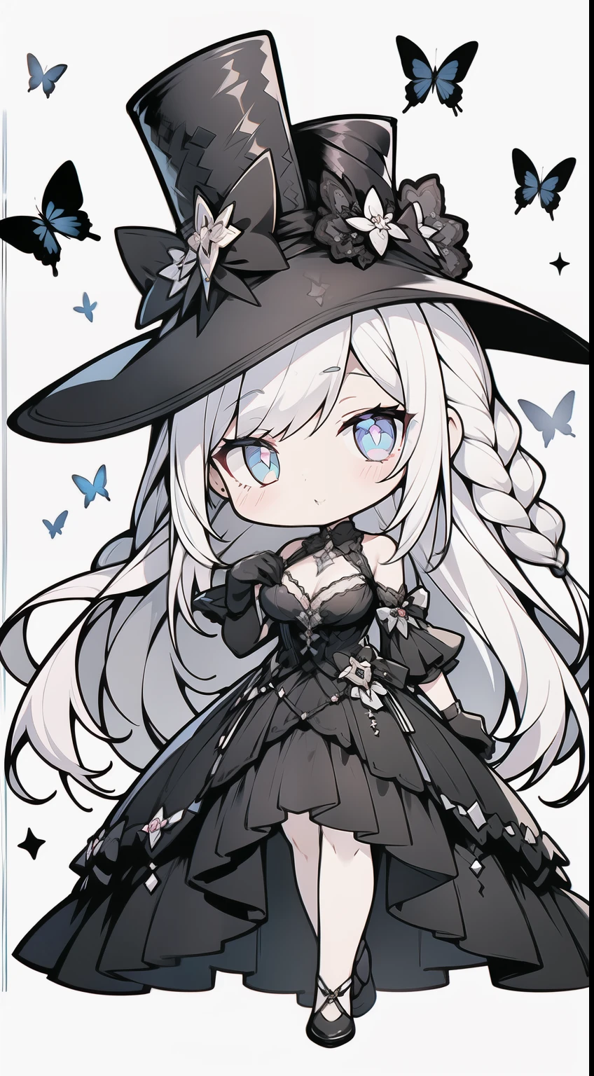 1girll, full bodyesbian, Wearing a black dress（Not a skirt），Lace,  Foggy，Shine hair color， long whitr hair，Double up braid，bangs detached, Bright eyes with black silk, Big eyes as perfect as diamonds, Cute, Character design, Detailed, anime big breast, Official, flower pattern, Pink detail with sequins and brush, clip studio paint, csp, flatchest，There are a lot of white butterflies around，Black lace gloves，A black top hat on his head（There are a lot of decorations on it），Very flat chest