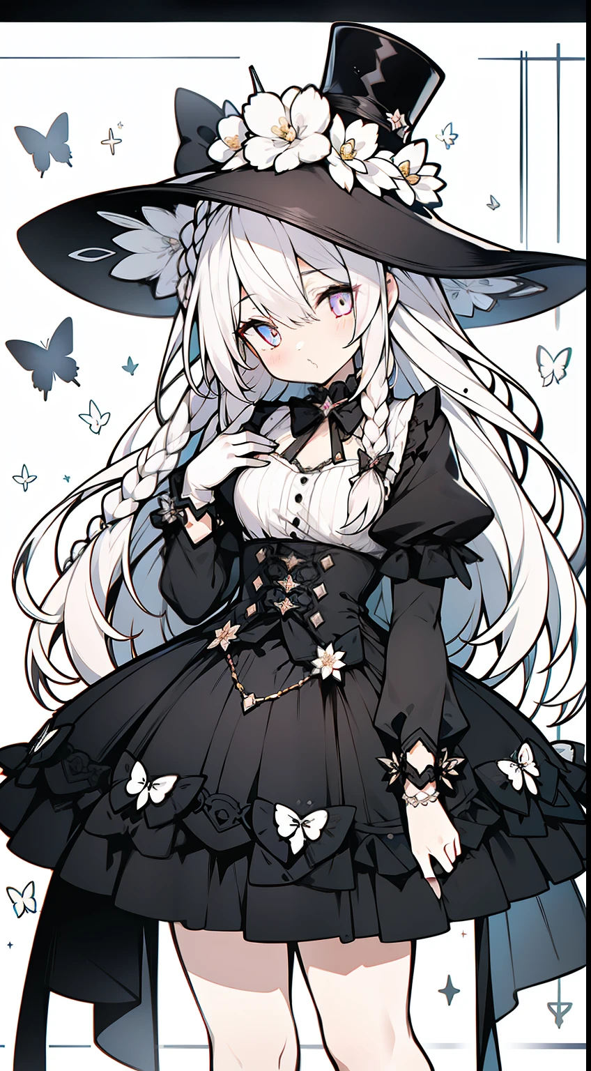 1girll, full bodyesbian, Wearing a black dress（Not a skirt），Lace,  Foggy，Shine hair color， long whitr hair，Double up braid，bangs detached, Bright eyes with black silk, Big eyes as perfect as diamonds, Cute, Character design, Detailed, anime big breast, Official, flower pattern, Pink detail with sequins and brush, clip studio paint, csp, flatchest，There are a lot of white butterflies around，Black lace gloves，A black top hat on his head（There are a lot of decorations on it），Very flat chest