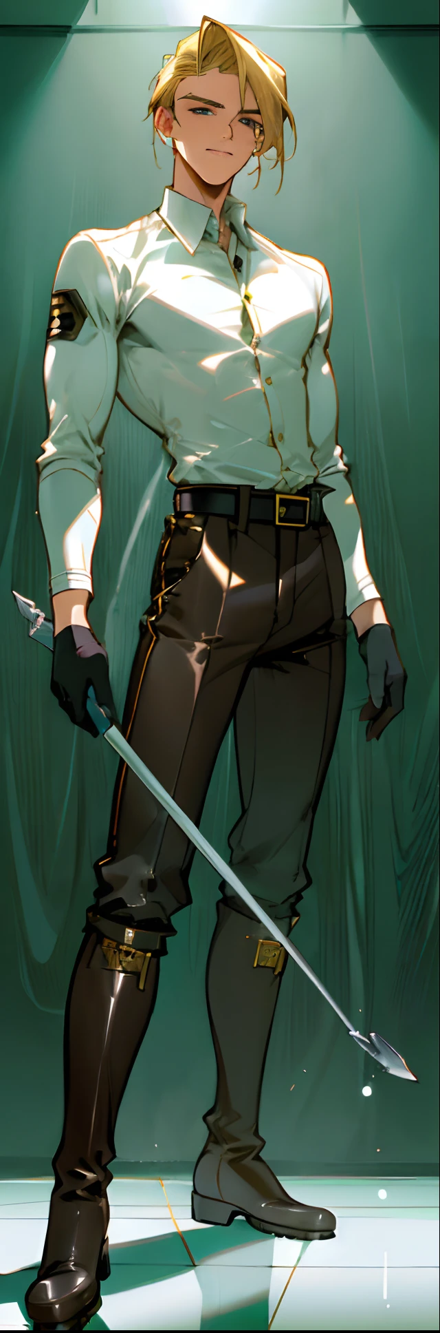 (highest resolution, distinct_image) best quality, a man, solo, masterpiece, highly detailed, semi realistic, blonde hair, long wild hair, (23 years old:1.4), mature, tall strong,paladin,(luxury hotel room background:1.2), cold, serious, tall, handsome, powerful, demi-god, exquisite facial features, (full body)(combat_boots:1.4)(dark pants:1.3),( gloves:1.5)(long sleeves),solo,(looking at viewer),(from below:1.1)(head turned upwards:0.3)(smiling:0.4)(holding black whip:1.2)(muscular:1.2),(black belt), (shirt tucked in pants),(standing on ground), (marble floor)(mean:0.4)(seductive:0.5)(evil:0.9),detailed,(abs:0.9)(bdsm Equipment),(Link:1.3),Warrior,knight,(white button-up shirt)(masculine face)