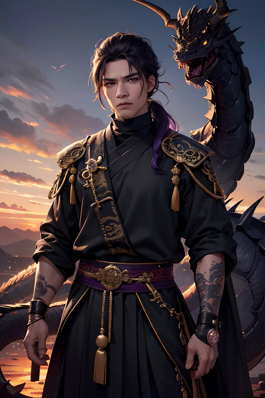 lots of details, real-world scenarios, high-definition photography, perfect hands, perfect eyes, fierce expression 4k, masterpiece, ((1 man 21 year old)), handsome, demon, king, emperor, warrior, (wearing a asian emperor crown), black long hair, messy ponytail, mountain, large moon, (((wearing a royal black long robe with bright purple dragon embroidery))), black turtleneck shirt, black pants, (((male))), battleground, dragon