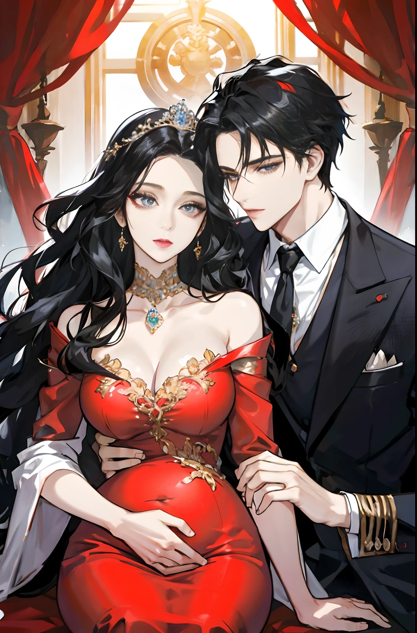 family, royal, elegant, good looking, kids, detailed, 4k, mom and dad, detailed eyes, pretty hair, handsome man, gorgeous woman, fine mom, hot dad, hot parents, mom with black hair, mom pregnant, man looking at woman with love, man hugging woman