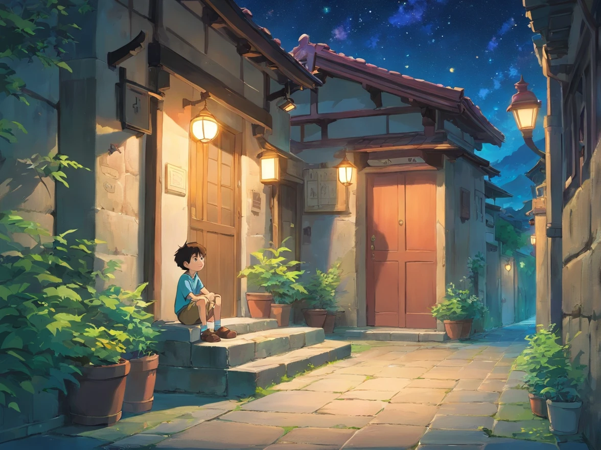 natta，A little boy sits alone on the threshold，A little boy sits alone on the threshold，Outside is a small road，There are stars and moons in the sky