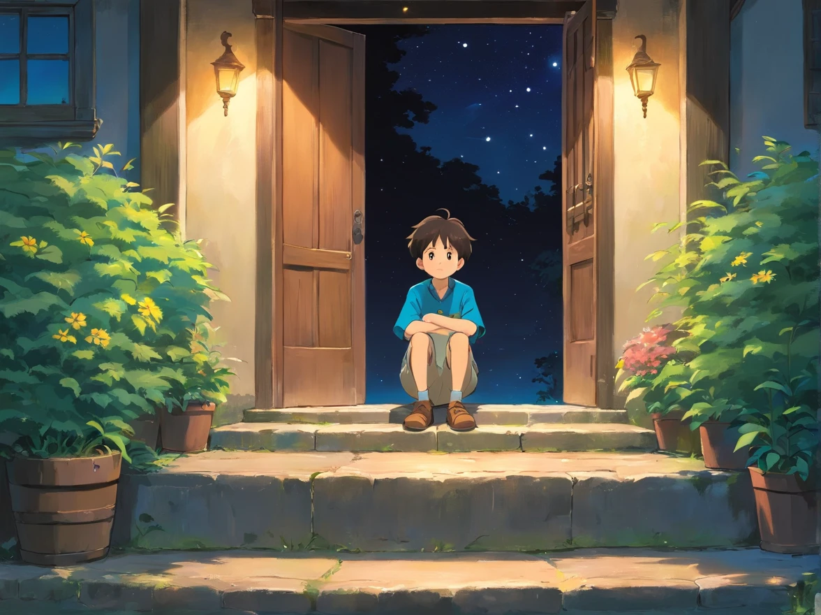 natta，A little boy sits alone on the threshold，A little boy sits alone on the threshold，Outside is a small road，There are stars and moons in the sky