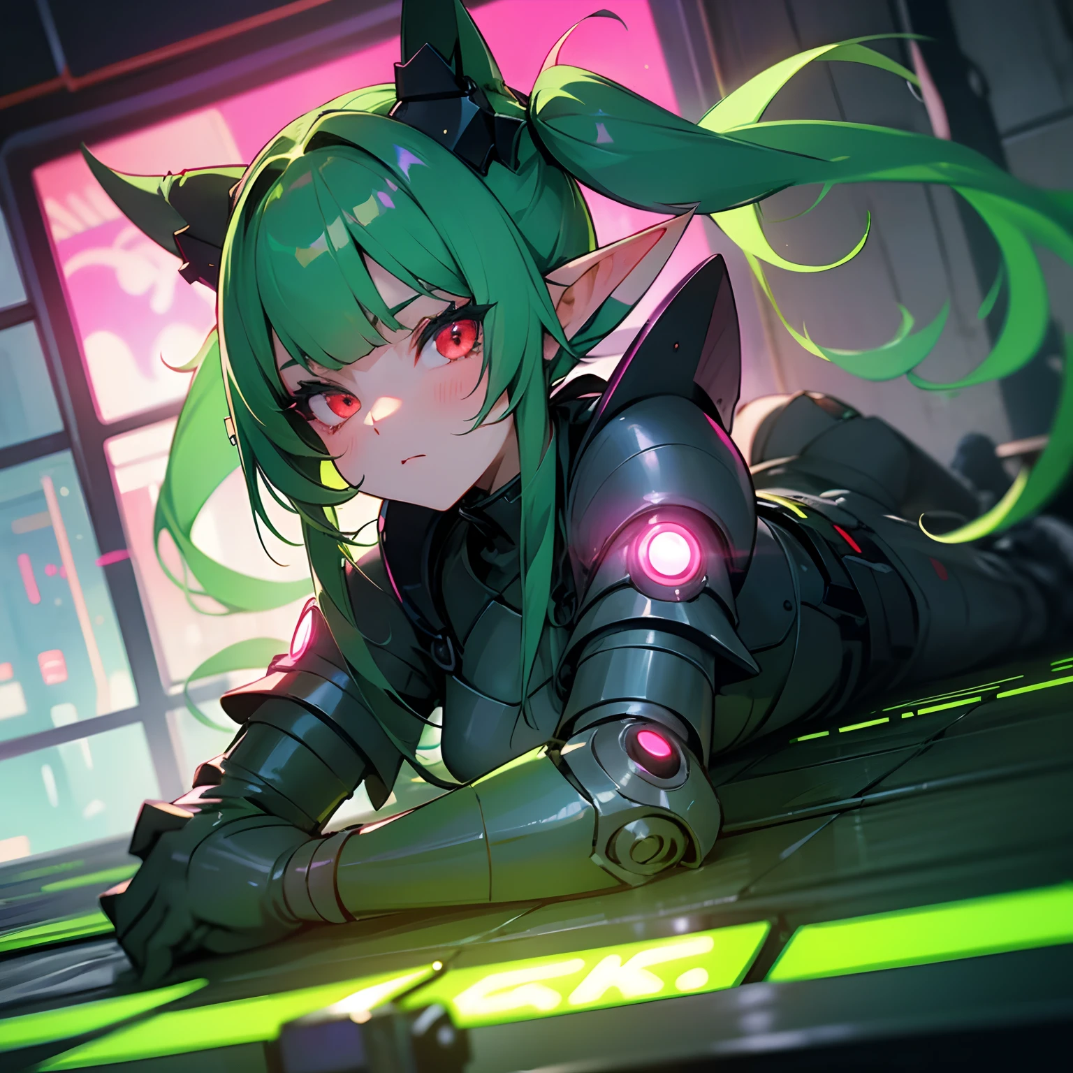 Kawaii Girl　((Green twin tail hair))　red eyes　Elven ears　s Armor　cyberpunked　nightcity　illumination　Sateen　puddles　Neon light　cool　A sexy