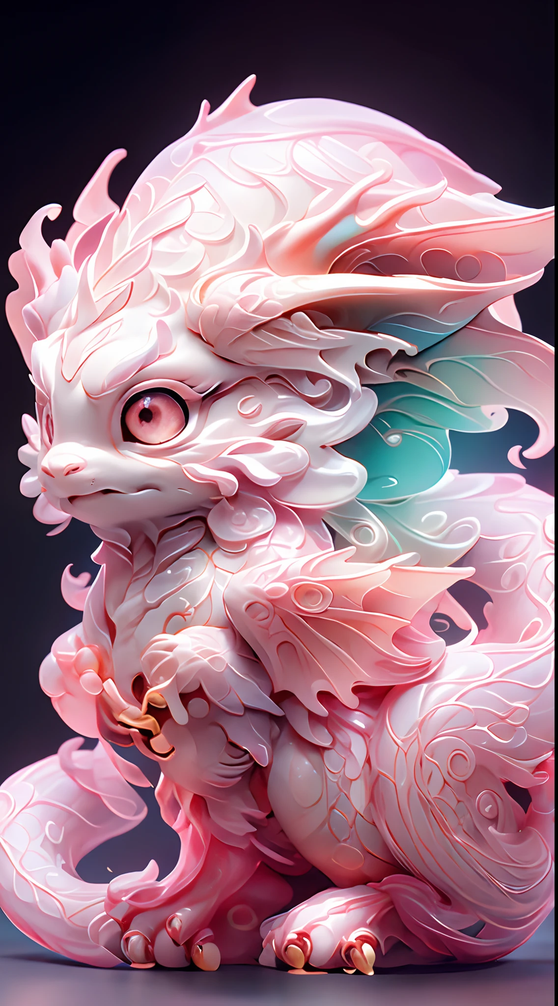 The shape of a dragon，Bling background，Dreamy colors，Transparent statue，florals，Big eyes，In pink，Open-mouthed，laughingly，tmasterpiece，（best qualtiy：1.3）， full bodyesbian，Ling_Long