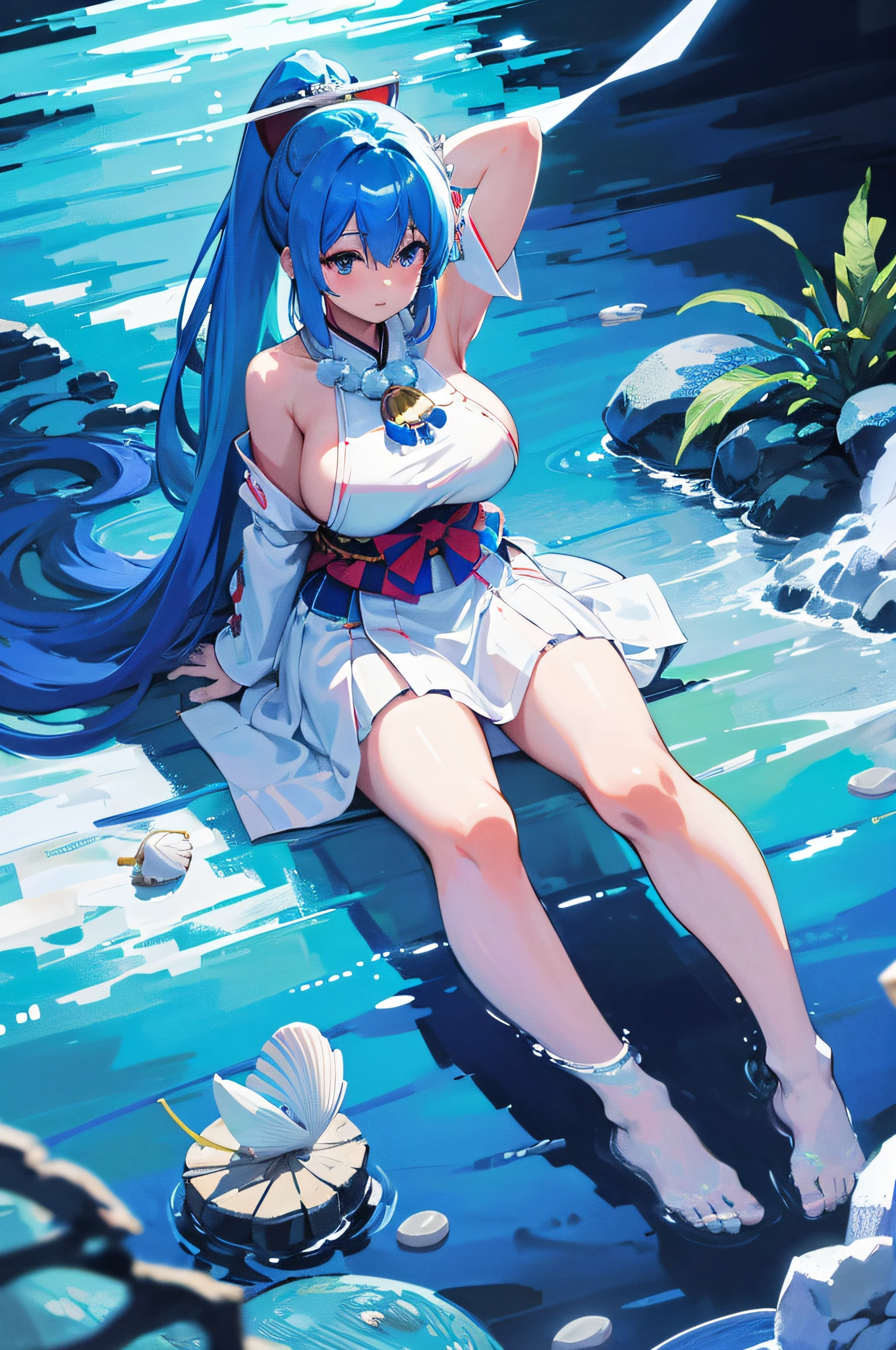 4k,hight resolution,One Woman,Bright blue hair,Short ponytail,huge tit,shrine maiden,White and blue priestess outfit,Pearl decoration,Seashell decoration,jewel decorations,Undersea background,Underwater background