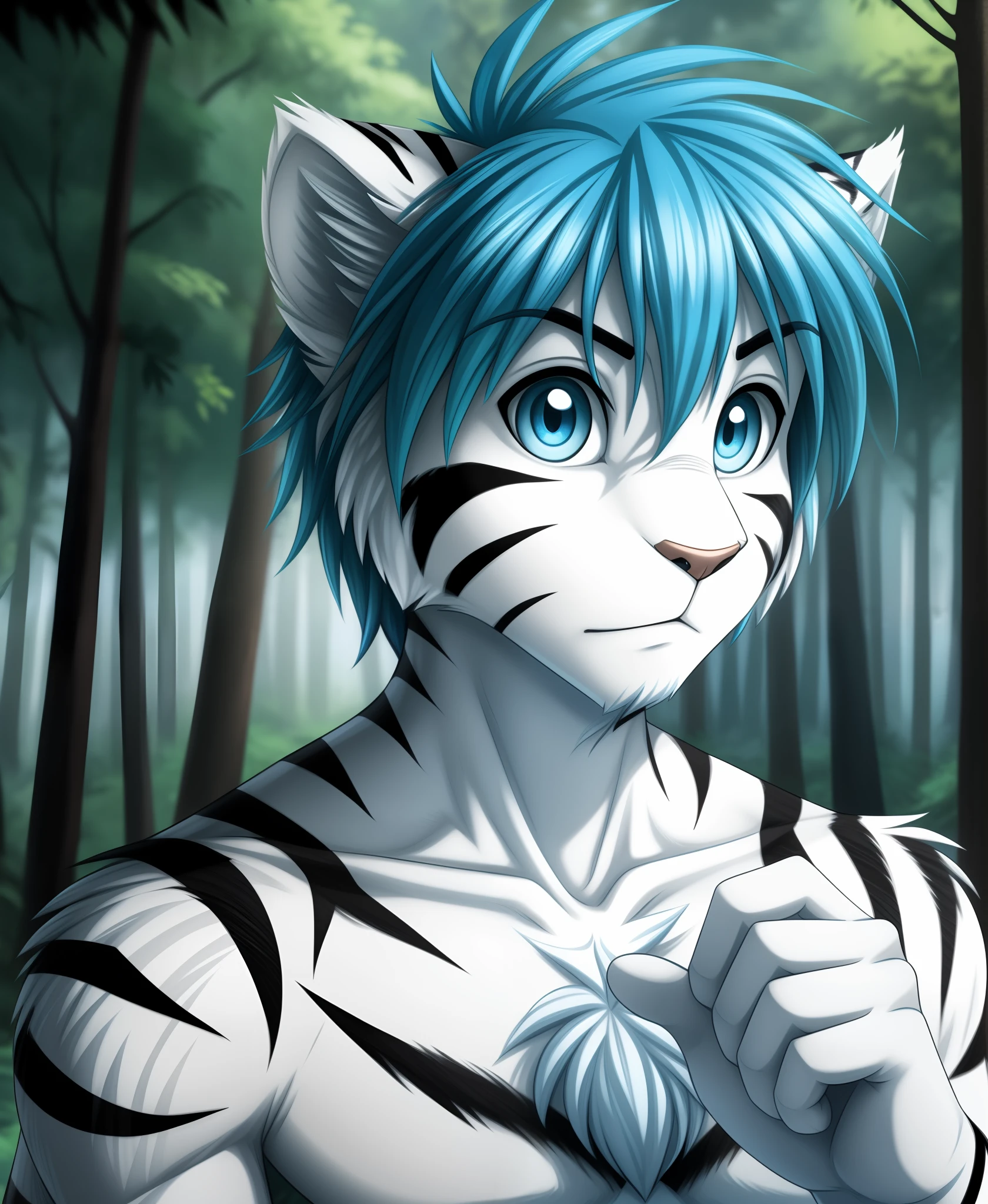 tiger-trace, twokinds, by tom_fischbach,, (best quality, masterpiece:1), solo, furry male anthro, blue eyes, medium hair, blue hair, portrait, fingers, finger claws, looking at viewer, tiger tail , White Tiger (outdoors dark forest trees blurry blurred background:1.1),