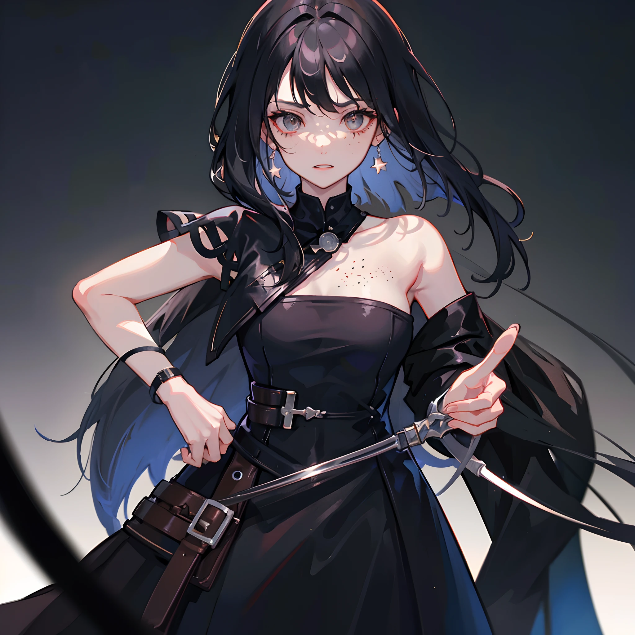 1girl, (black hair), (side swept, messy hair: 1.15), (slender: 1.15), hourglass body, (((white eyes))), (freckles:1.15), wearing a black eyepatch over her right eye, a black sleeveles padded gambeson, black medieval armor, black waist cape, black leather pants, black formal clothes, grinning, badass, 18 years old, Star Wars, Sith, Sith Warrior, Noble warrior, Elegant, UHD, Masterpiece, High Quality, High Detail, Top Quality, Hi-Res, HD, 16k, 8k, 4K