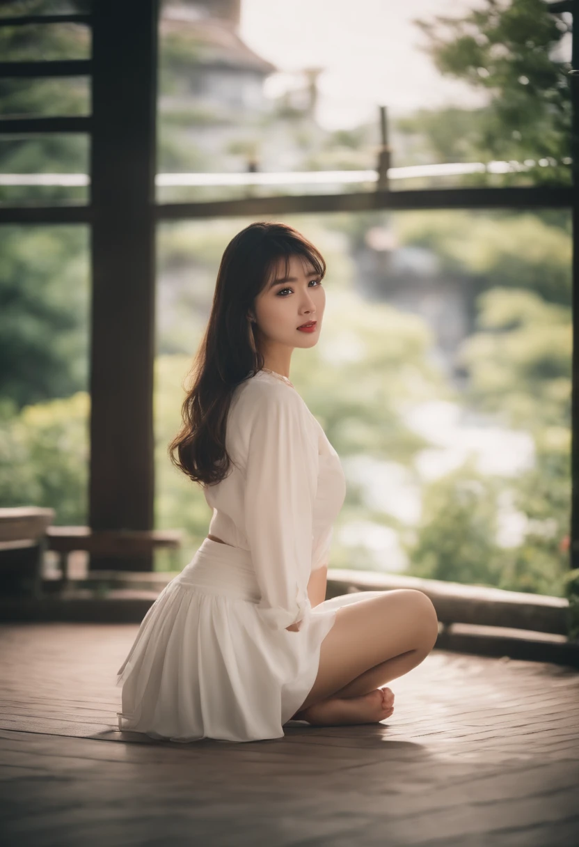 japanes、pupils、a beauty girl、Facing this way、校服、squatting、Panchira、White pants、skirt by the、Ecstatic look、red blush、huge tit