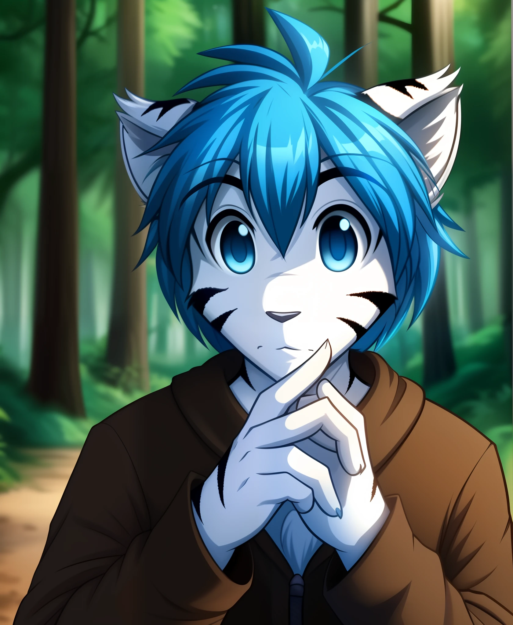 tiger-trace, twokinds, by tom_fischbach,, (best quality, masterpiece:1), solo, furry male anthro, blue eyes, medium hair, blue hair, portrait, fingers, finger claws, looking at viewer, tiger tail , White Tiger (outdoors dark forest trees blurry blurred background:1.1),