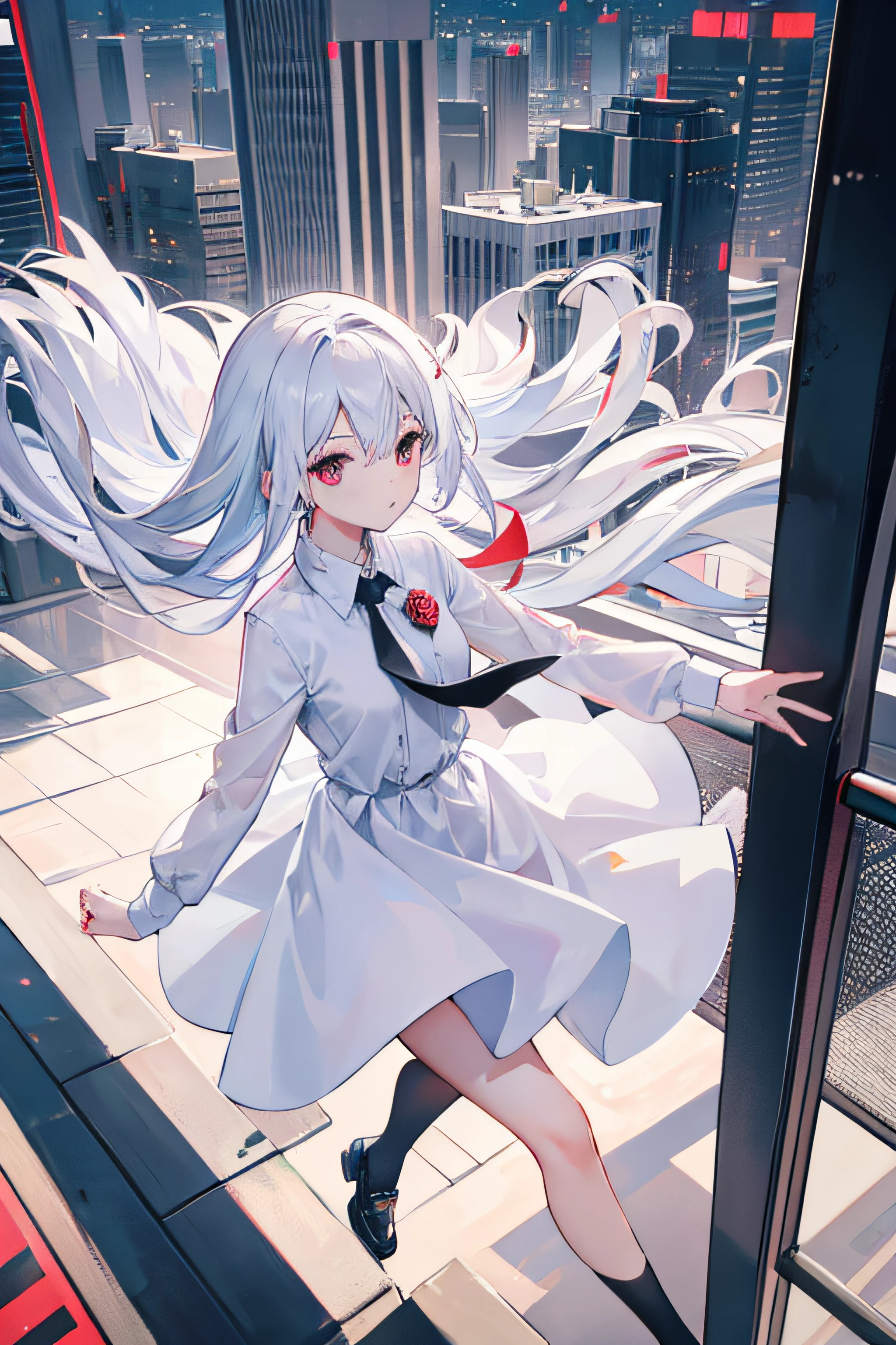 1girl, plain white dress, city area, 1boy, wearing black fomral suit, red tie
