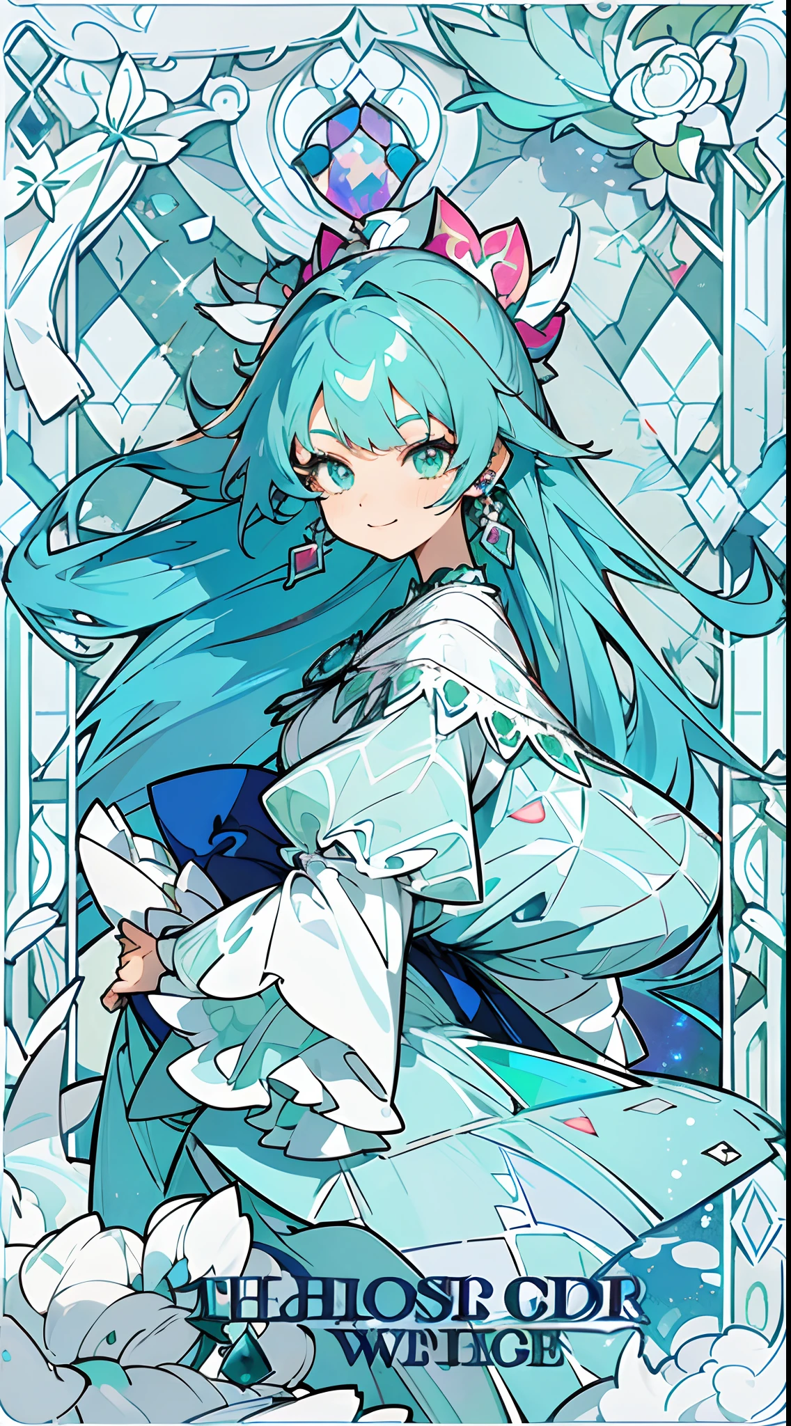 (The skin is not exposed, Long sleeve blouse with ruffles), (Solo), Very cute girl (1), Colorful stained glass on background, Multicolored roses,Rose vine, ((Super Long Turquoise Blue Hair, Earring Color)), (Super smile), Dynamism, (Her eyes are emerald green), (kirakira) (Detail Objects)Close-up angle of the face