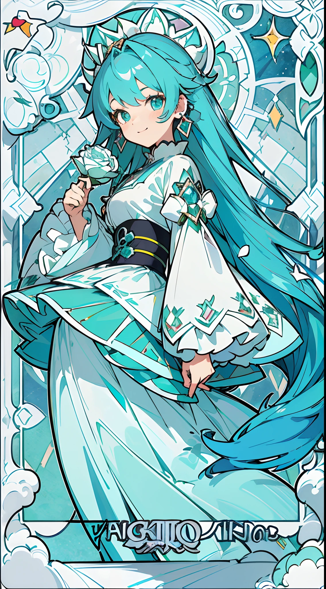 (The skin is not exposed, Long sleeve blouse with ruffles), (Solo), Very cute girl (1), Colorful stained glass on background,  Multicolored roses,Rose vine, ((Super Long Turquoise Blue Hair, Earring Color)), (Super smile), Dynamism, (Her eyes are emerald green), (kirakira) (Detail Objects)Close-up angle of the face