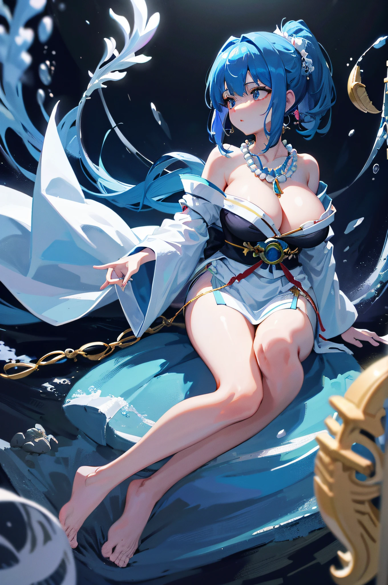 4k,hight resolution,One Woman,Bright blue hair,Short ponytail,Huge breasts,Priestess Non-traditional priestess,Long white kimono,Black inner shirt,Pearl decoration,Seashell Necklace,Seashell piercing,jewel decorations,Undersea background,Underwater background