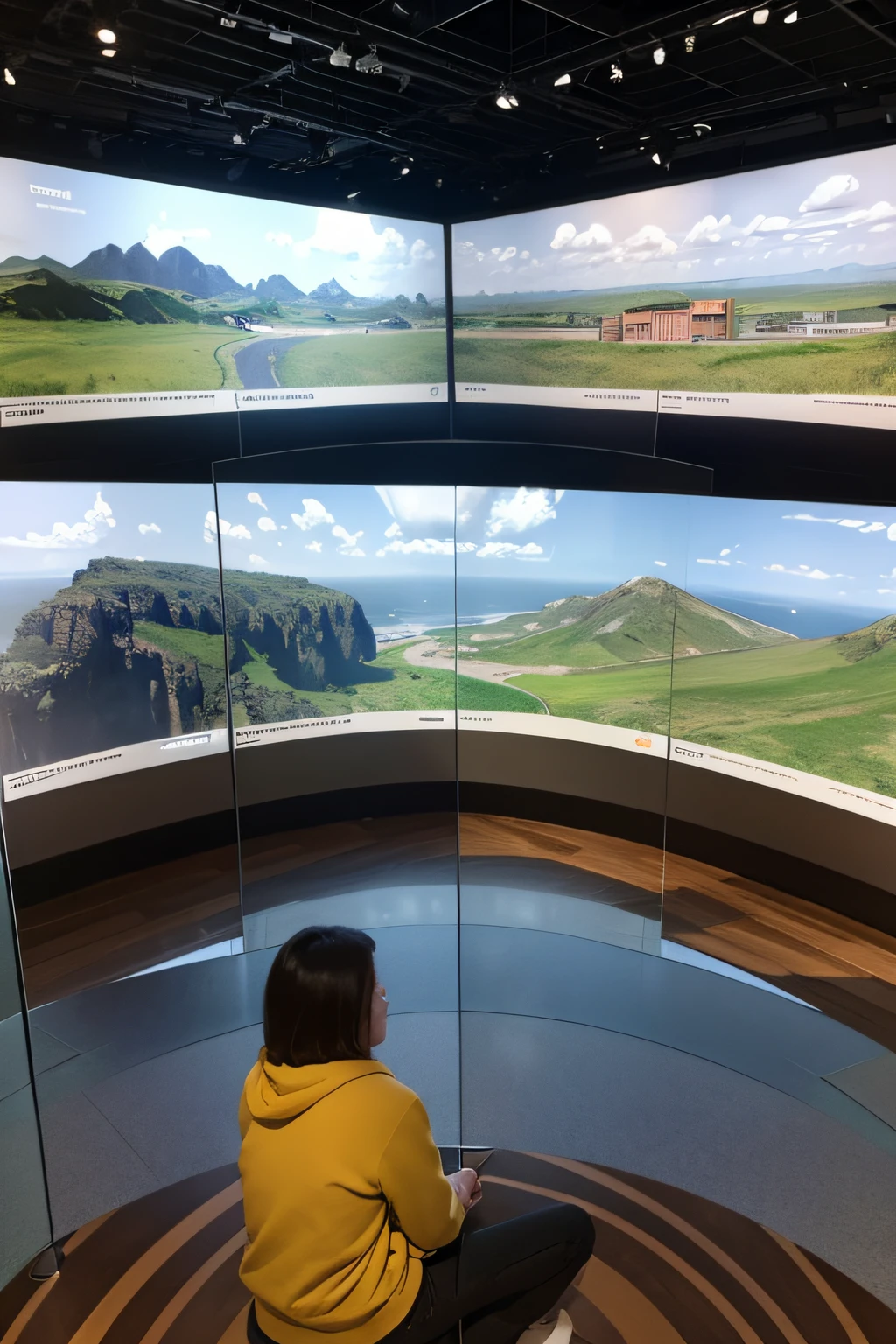 Renderings of a person's perspective,Inside the museum,There is a large display,People can understand the geological ecology through the display screen