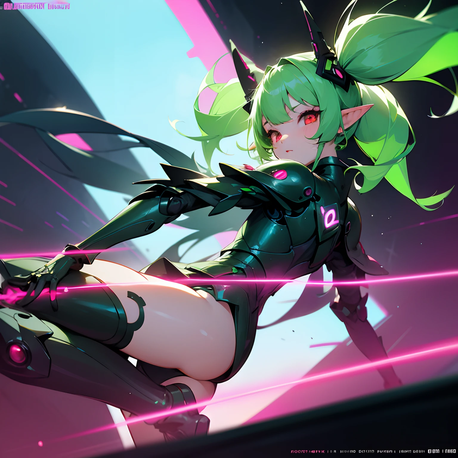Kawaii Girl ((Green Twin Tail Hair)) red eyes Elven ears s Armor cyberpunked nightcity illumination Sateen puddles Neon light A sexy loiter opening legs