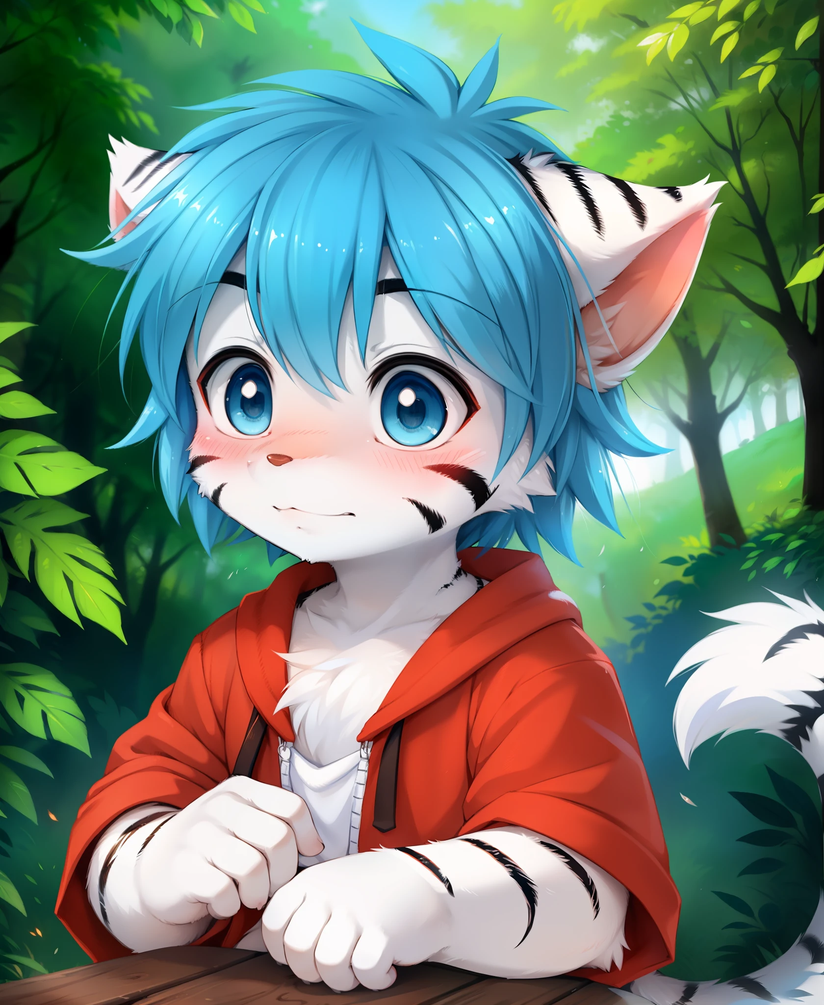 by dagasi, (by carrot:0.6), (by silverfox5213), by castitas, by tsukune minaga, (by manmosu marimo:0.6), by kenket,, tiger-trace, twokinds, by tom_fischbach,, (best quality, masterpiece:1), solo, furry male anthro, blue eyes, medium hair, blue hair, portrait, fingers, finger claws, looking at viewer, tiger tail , White Tiger (outdoors dark forest trees blurry blurred background:1.1),