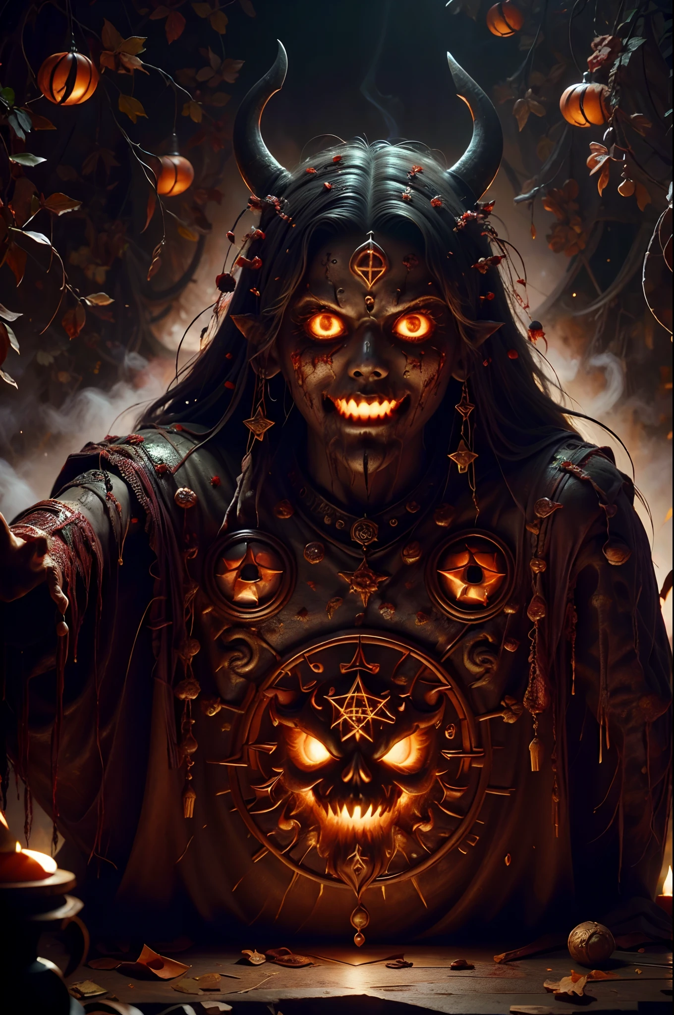 Movie CG,  Tiflin, devils，disheed hair，Shogun，Peerless beauty，s girl，(Lord of Hell)，Demon King，Pitch-black wings，Fallen angels，Tattooed with，the scars，Blood-red heavy armor，blood splattere，It has gold etching on it, (paleskin), blood spatter, horns on head,succubi, Cruel laughter，(Burning red eyes), , Red-blooded pentagram, Glowing Grimmore closes, summoning circle, Rusty chains, The illuminated temple of Satan, Lens flare, Axis,   intricately details, Highly detailed, voluminetric lighting, 4K rendering, stockphoto, Ultra photo realsisim, Lifelike texture, Dramatic lighting, illusory engine