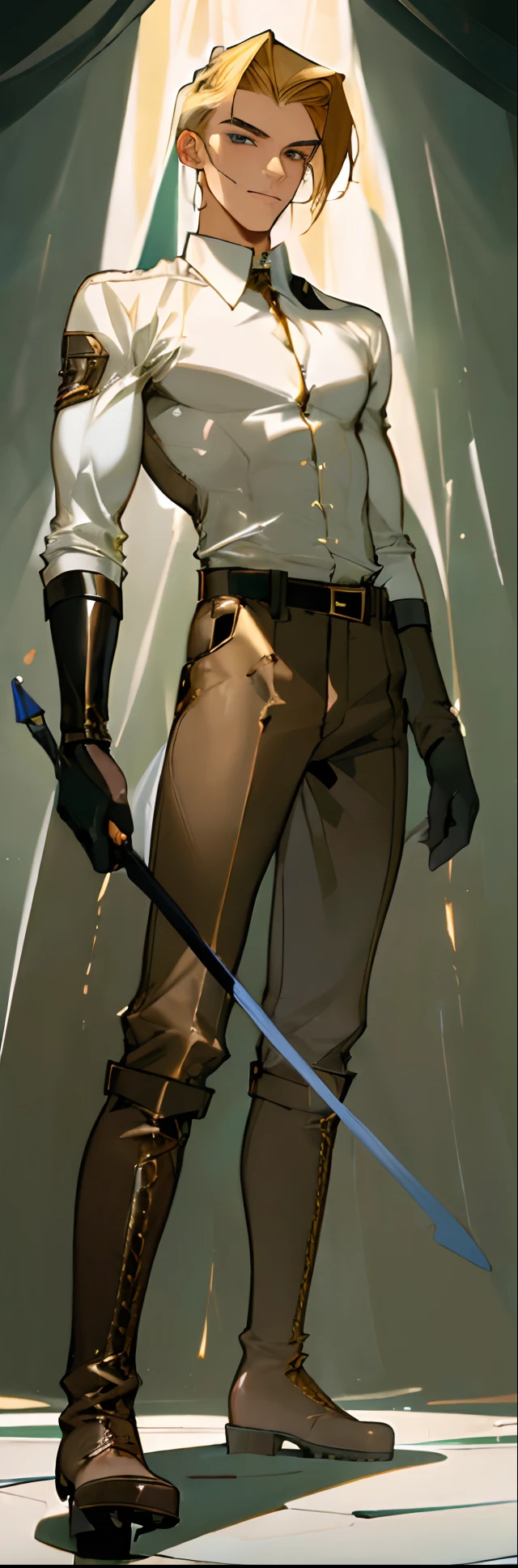 (highest resolution, distinct_image) best quality, a man, solo, masterpiece, highly detailed, semi realistic, blonde hair, long wild hair, (23 years old:1.4), mature, tall strong,paladin,(luxury hotel room background:1.2), cold, serious, tall, handsome, powerful, demi-god, exquisite facial features, (full body)(combat_boots:1.4)(dark pants:1.3),( gloves:1.5)(long sleeves),solo,(looking at viewer),(from below:1.1)(head turned upwards:0.3)(smiling:0.4)(holding black whip:1.2)(muscular:1.2),(black belt), (shirt tucked in pants),(standing on ground), (marble floor)(mean:0.4)(seductive:0.5)(evil:0.9),detailed,(abs:0.9)(bdsm Equipment),(Link:1.3),Warrior,knight,(white button-up shirt)(masculine face)