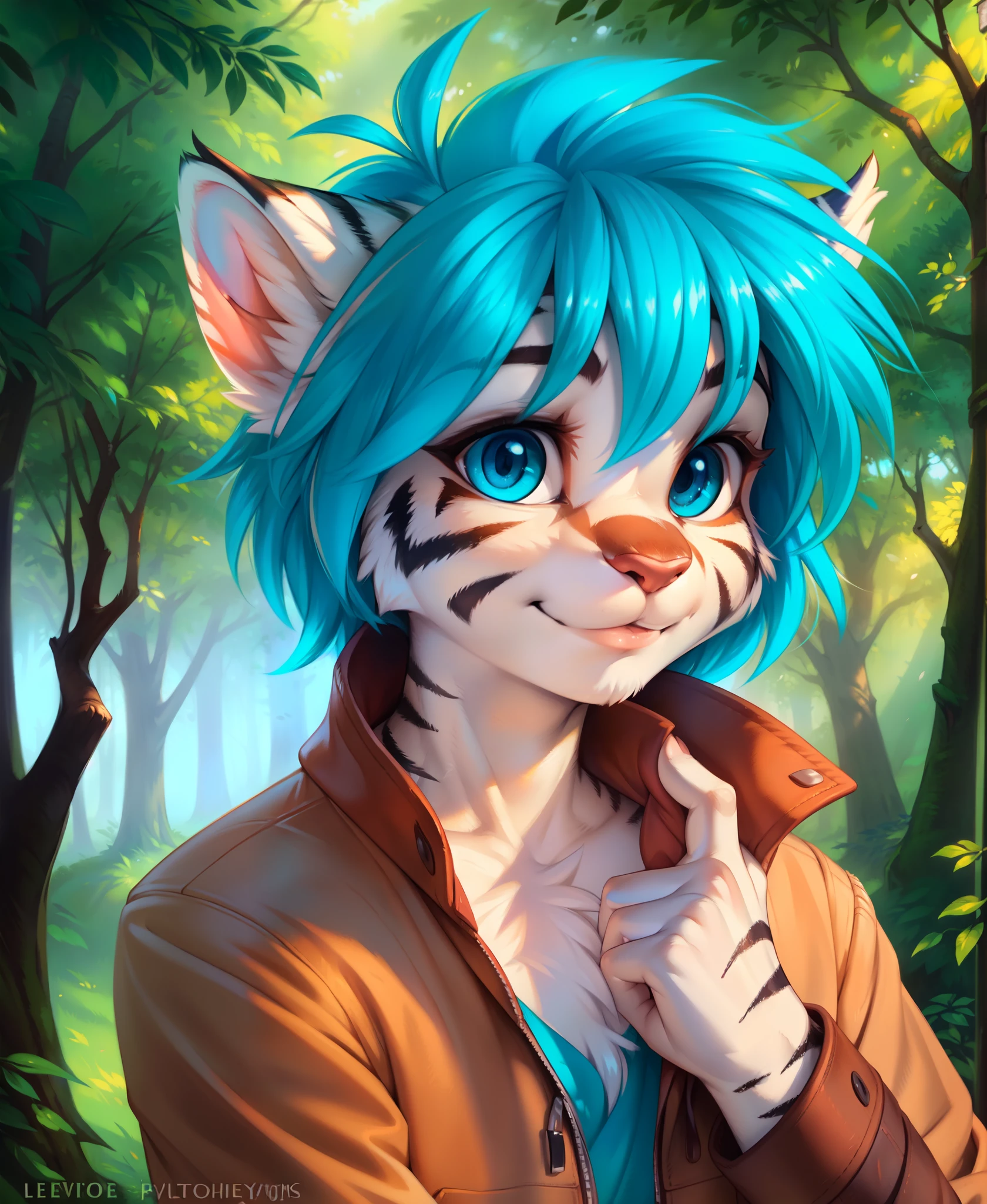 (by Ulitochka, by Levelviolet, by Zephyxus, by Glacierclear, by Kenket),, tiger-trace, twokinds, by tom_fischbach,, (best quality, masterpiece:1), solo, furry male anthro, blue eyes, medium hair, blue hair, portrait, fingers, finger claws, looking at viewer, tiger tail , White Tiger (outdoors dark forest trees blurry blurred background:1.1),