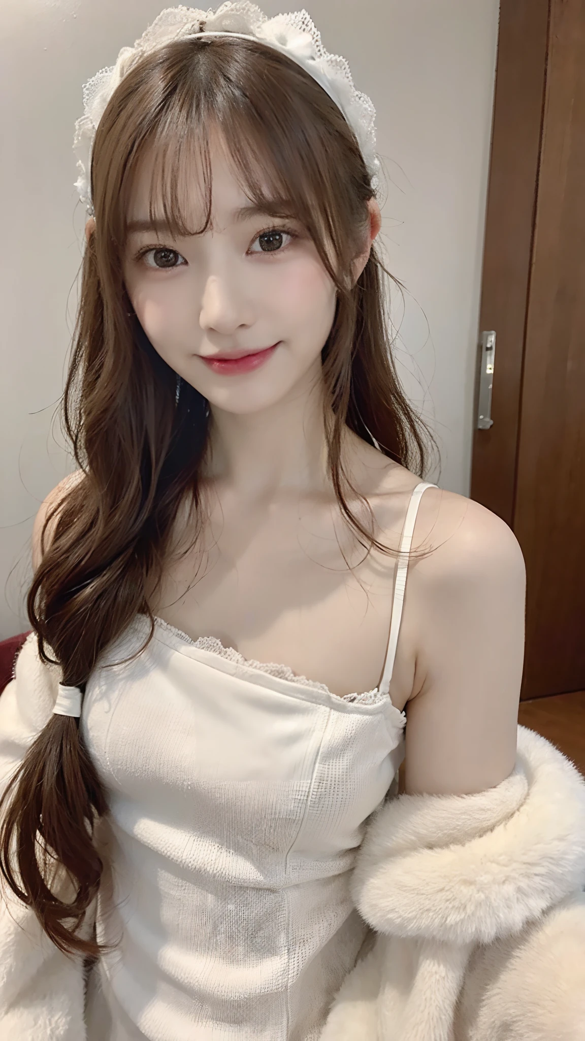 (masterpiece:1.3), (8K, Photorealsitic, Raw photography, Top image quality: 1.4), Japan high school girls、(Random hairstyles:1.2)、cleavage of the breast、(small tits:1.3)、Super Detail Face、Eye of Detail、二重まぶた、foco nítido:1.2、prety woman:1.4、light brown hair、top-quality、masterpiece、超A high resolution、(Photorealsitic:1.4)、very detailed and professional lighting、She wears a white fluffy shawl、Shoulder out、slender、A smile、(no brassiere)、Spread your hands to the sides、Rabbit eared headband、Muffled clothes