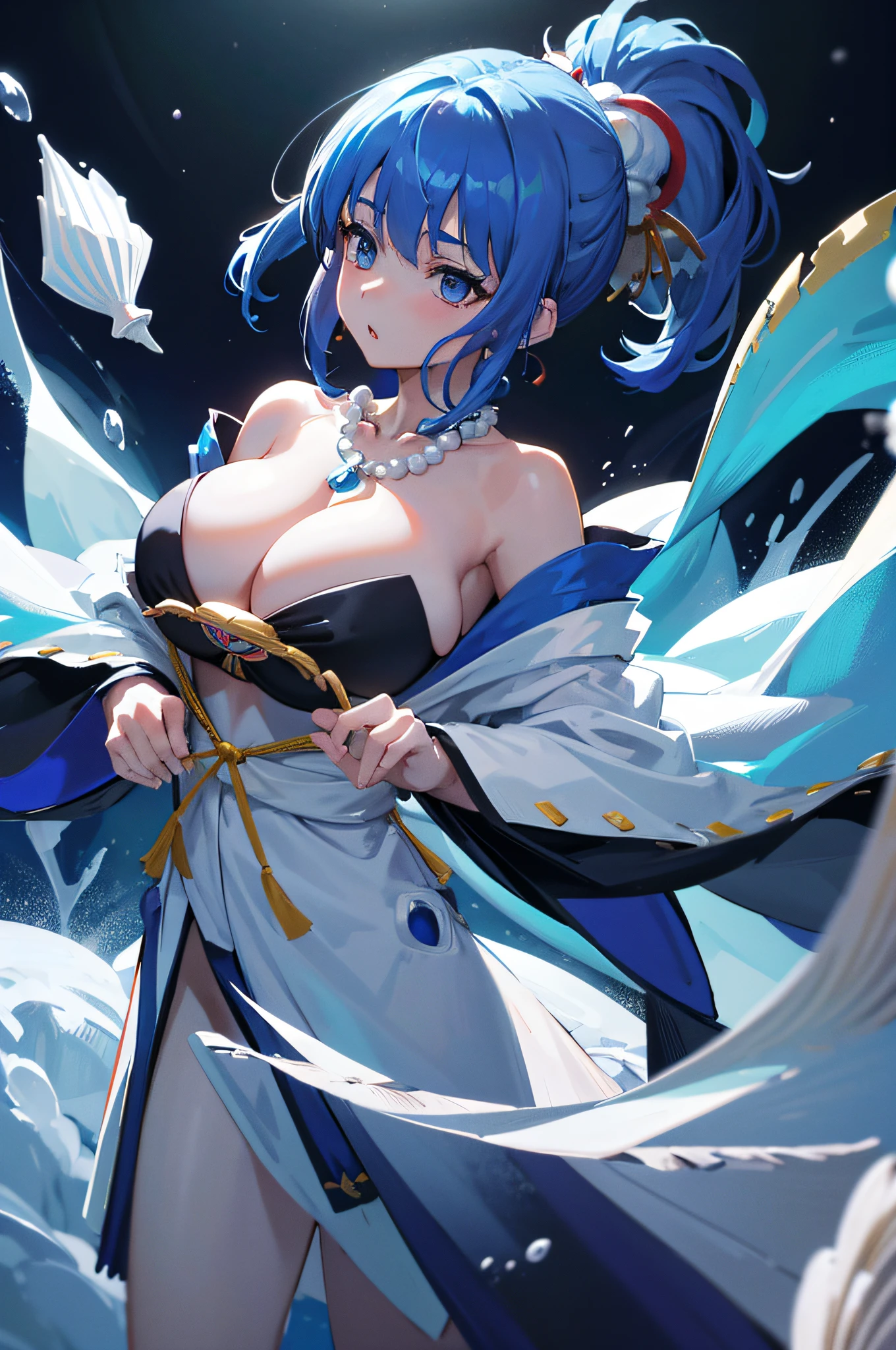4k,hight resolution,One Woman,Bright blue hair,Short ponytail,Huge breasts,Priestess Non-traditional priestess,Long white kimono,Black sleeveless shirt,Pearl decoration,Seashell Necklace,Seashell piercing,jewel decorations,Undersea background,Underwater background